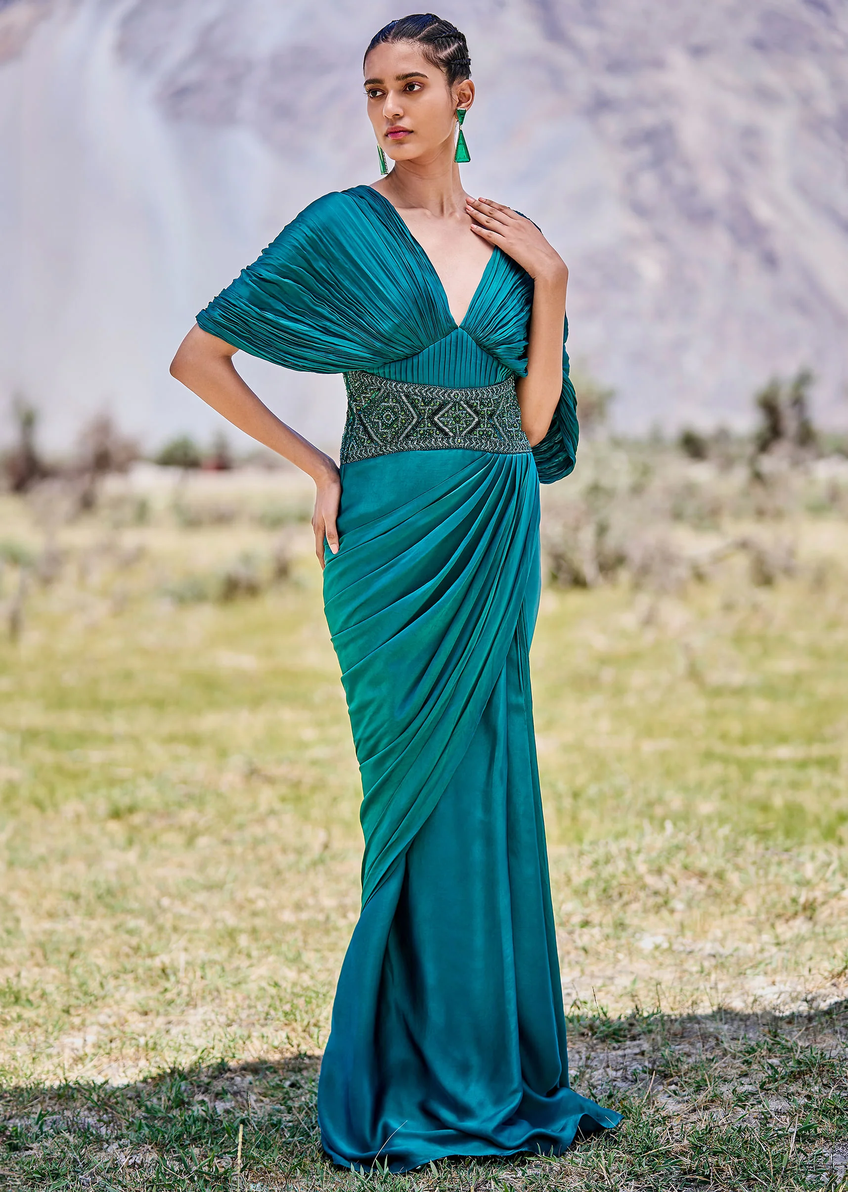 Peacock Green Embroidered Pre Draped Gown With Kimono Sleeves - Image 3
