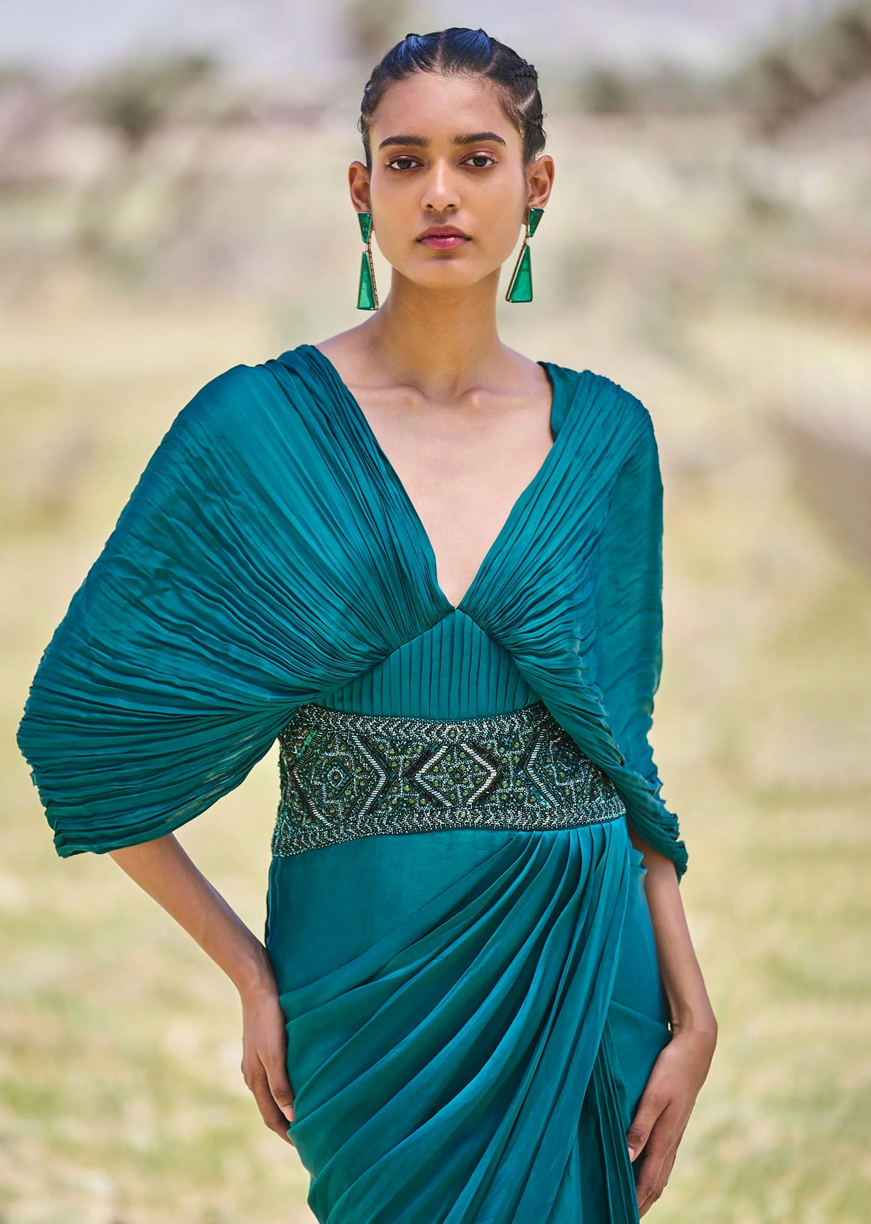 Peacock Green Embroidered Pre Draped Gown With Kimono Sleeves - Image 4