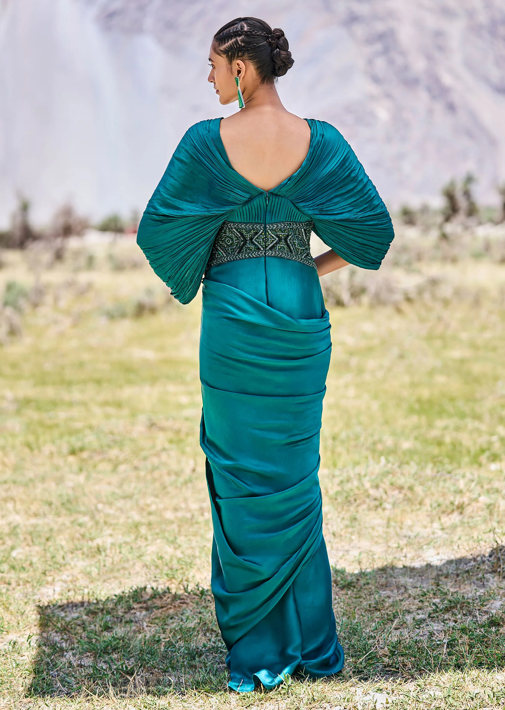 Peacock Green Embroidered Pre Draped Gown With Kimono Sleeves - Image 6