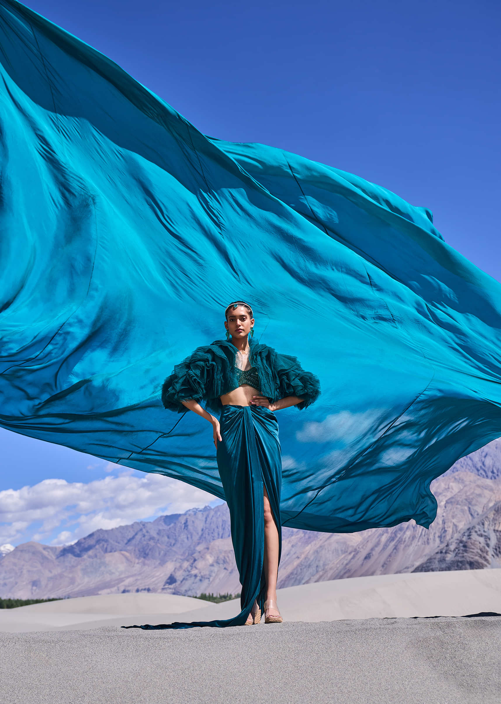 Peacock Green Satin Pre Draped Skirt Set With Ruffle Jacket - Image 4