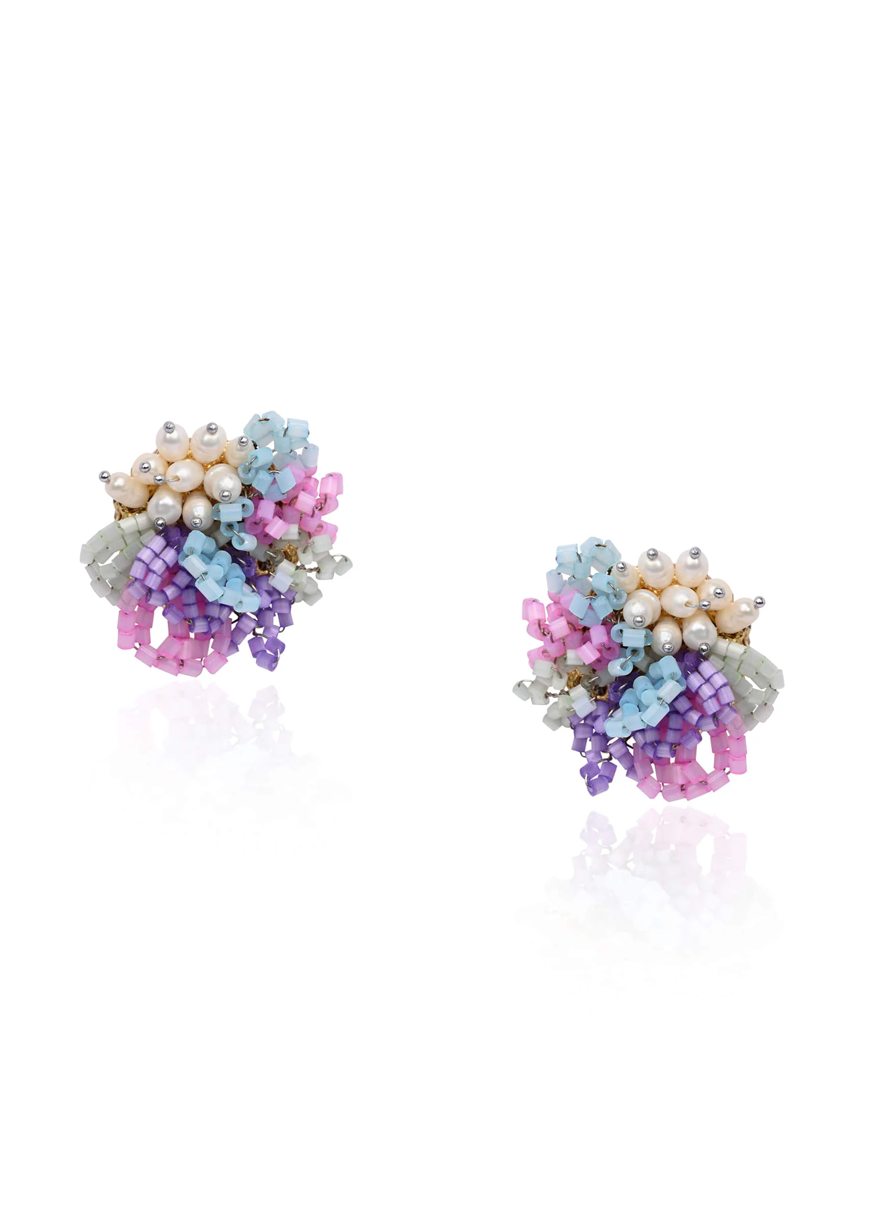 Pearl And Colourful Flower Round Stud Earrings - Image 2