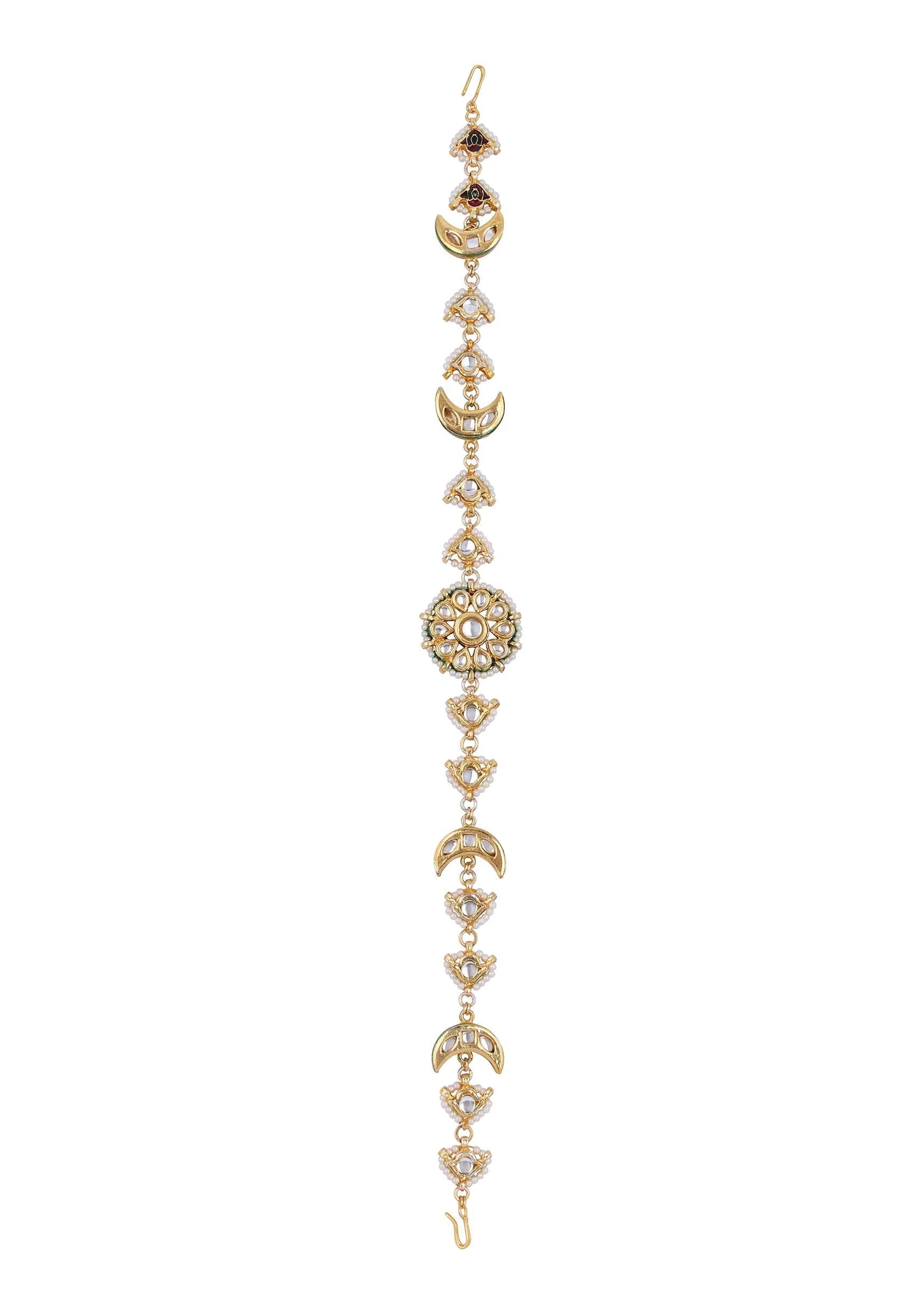 Pearl And Kundan Studded Gold Mathapatti With Meenakari Work - Image 2