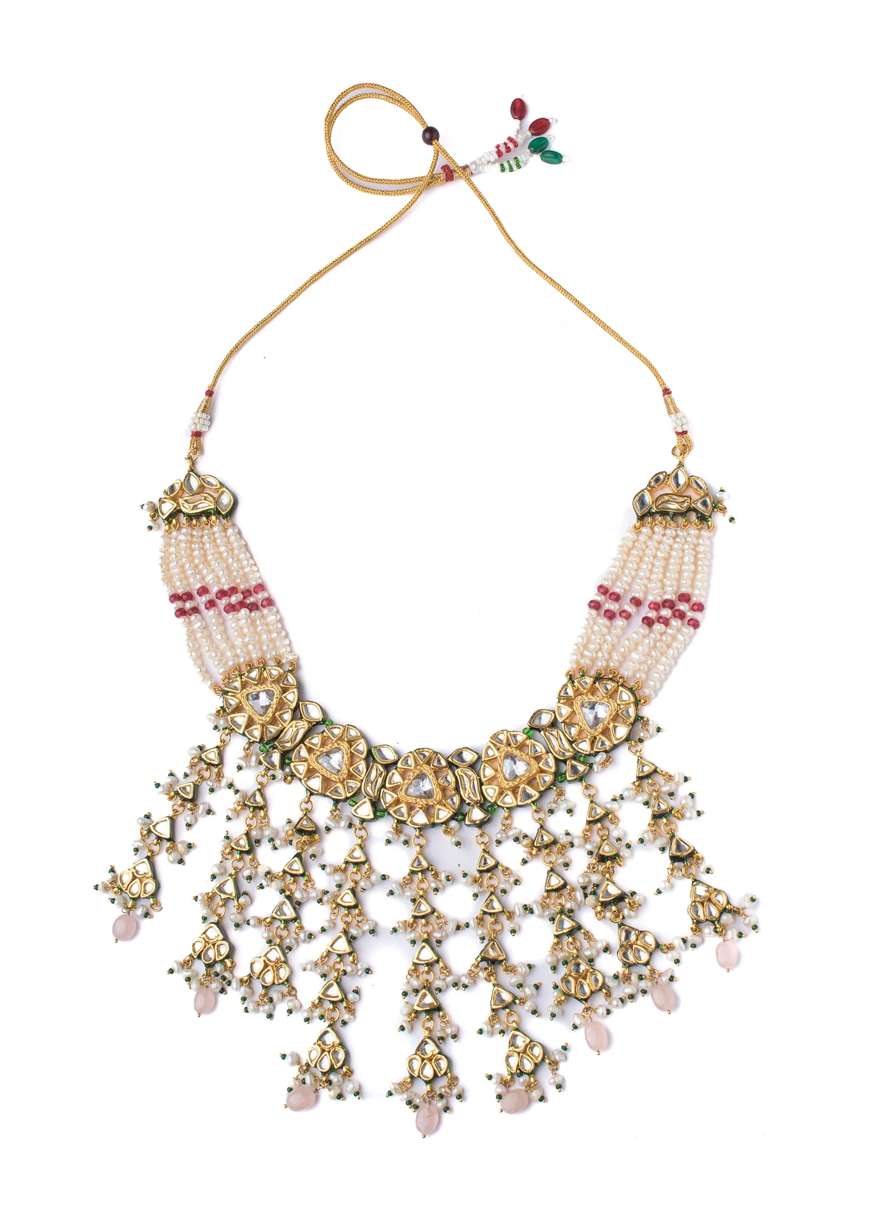 Pearl Layered Necklace Set With Floral Elements And Bead Drops - Image 2