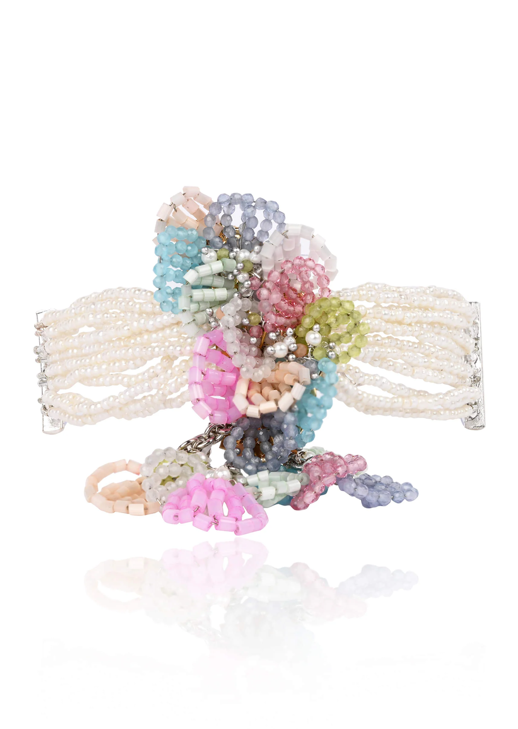pearl necklace withcolourful crystal flower bunch pendant - Image 2