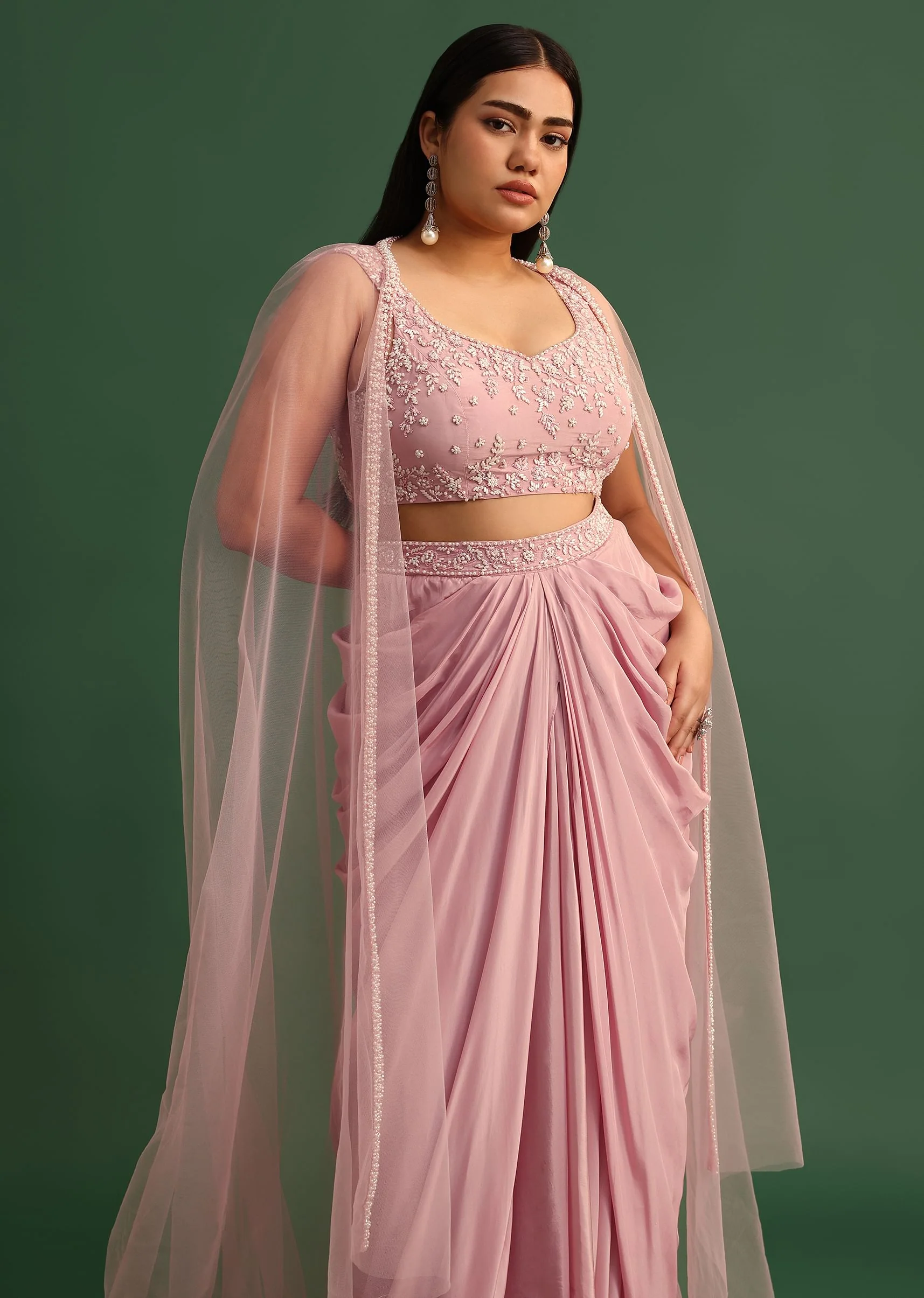 Peony Pink Draped Skirt With Sweatheart Neck Blouse With High Low Cape - Image 4