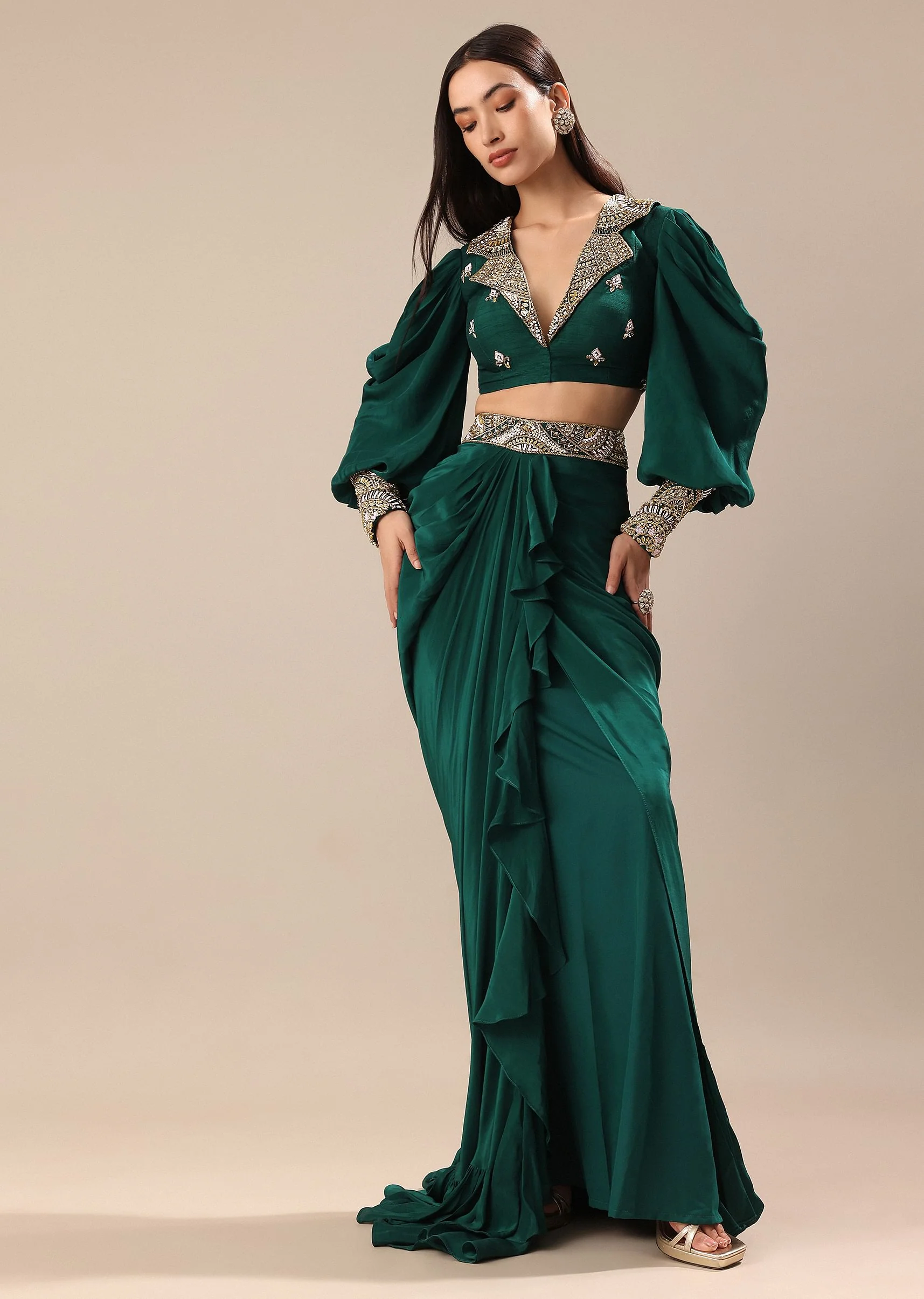 Pine Green Embroidered Blouse And Drape Skirt - Image 3
