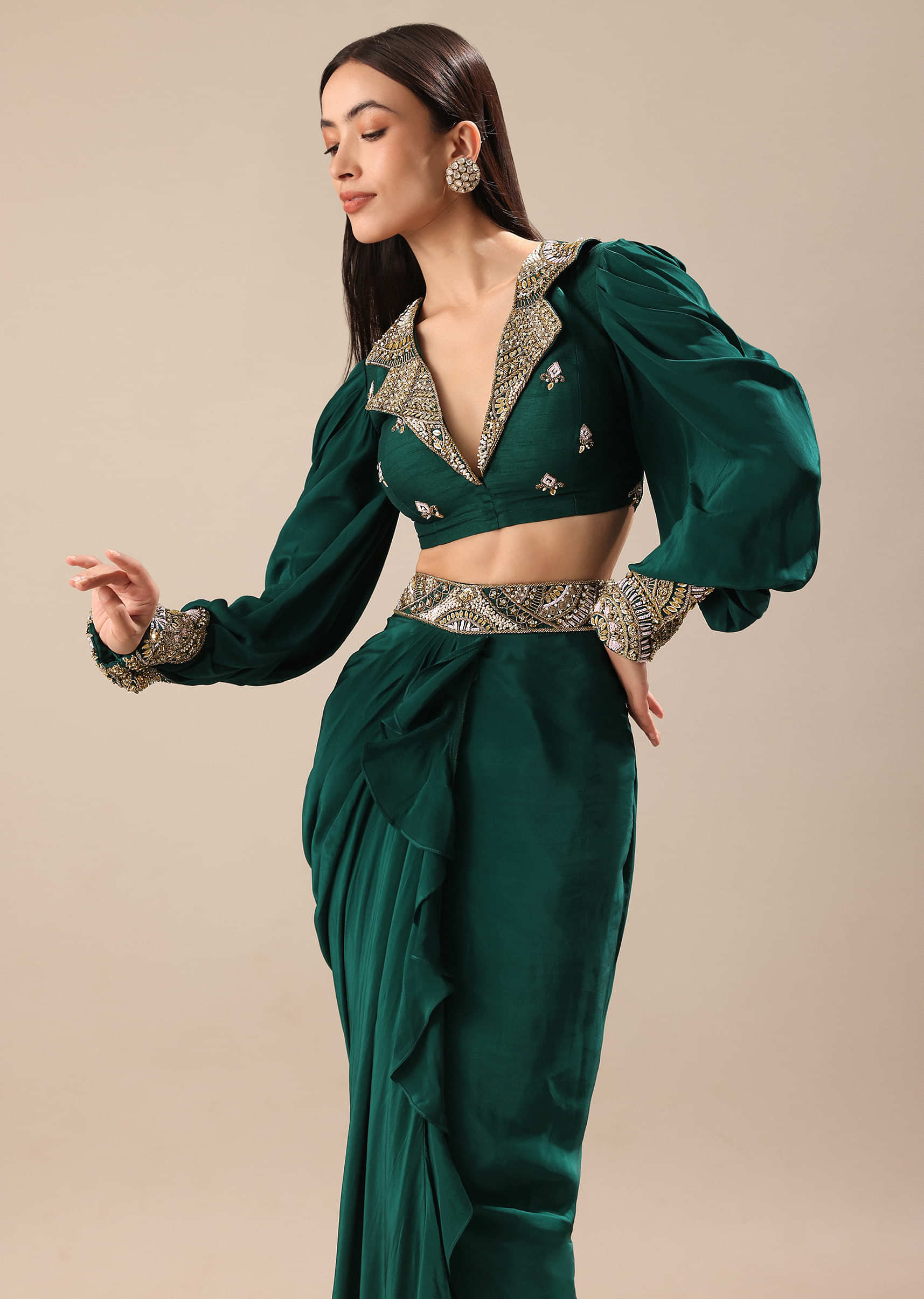 Pine Green Embroidered Blouse And Drape Skirt - Image 4