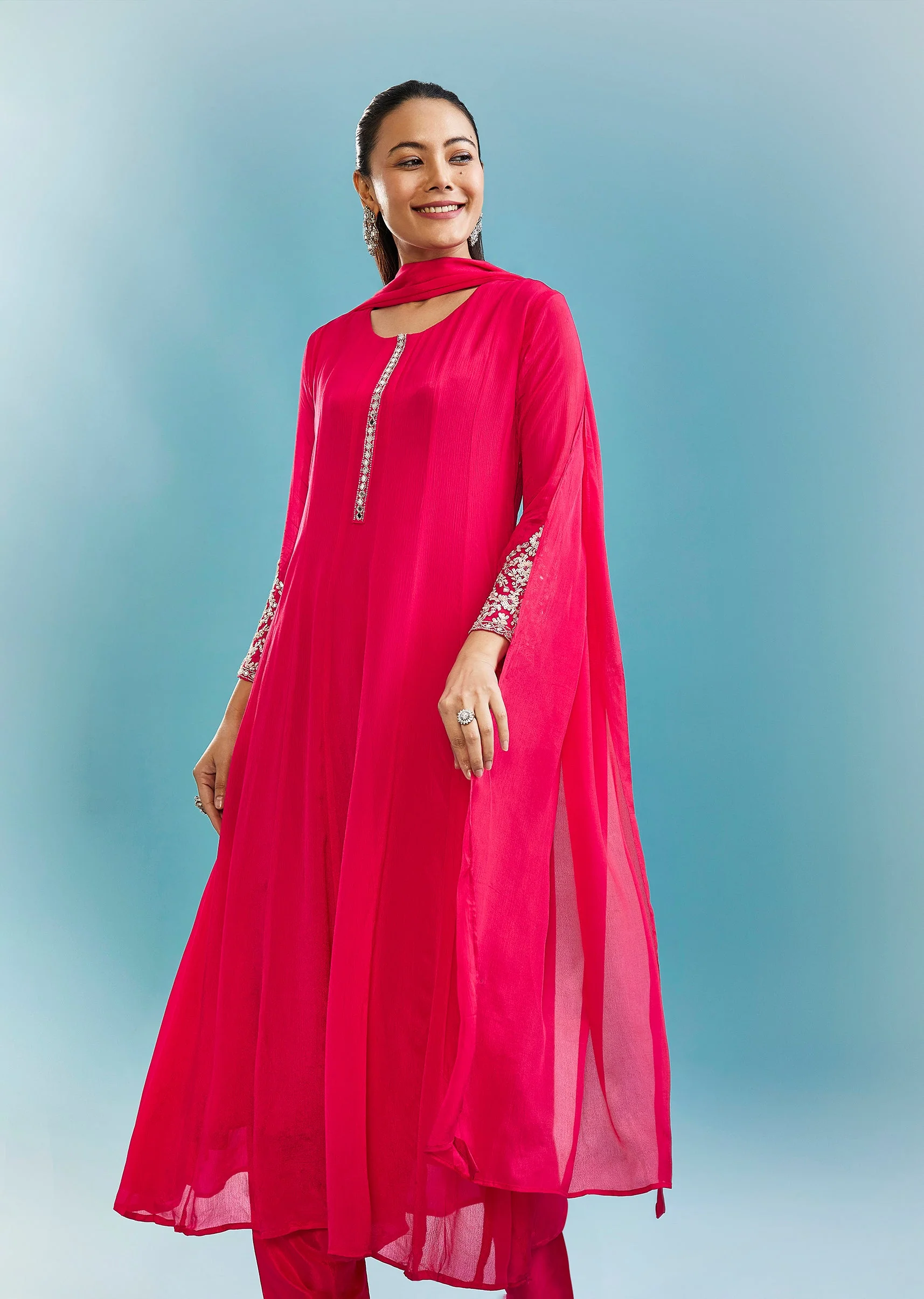 Pink Anarkali Set With Mirror And Beads Work - Image 4