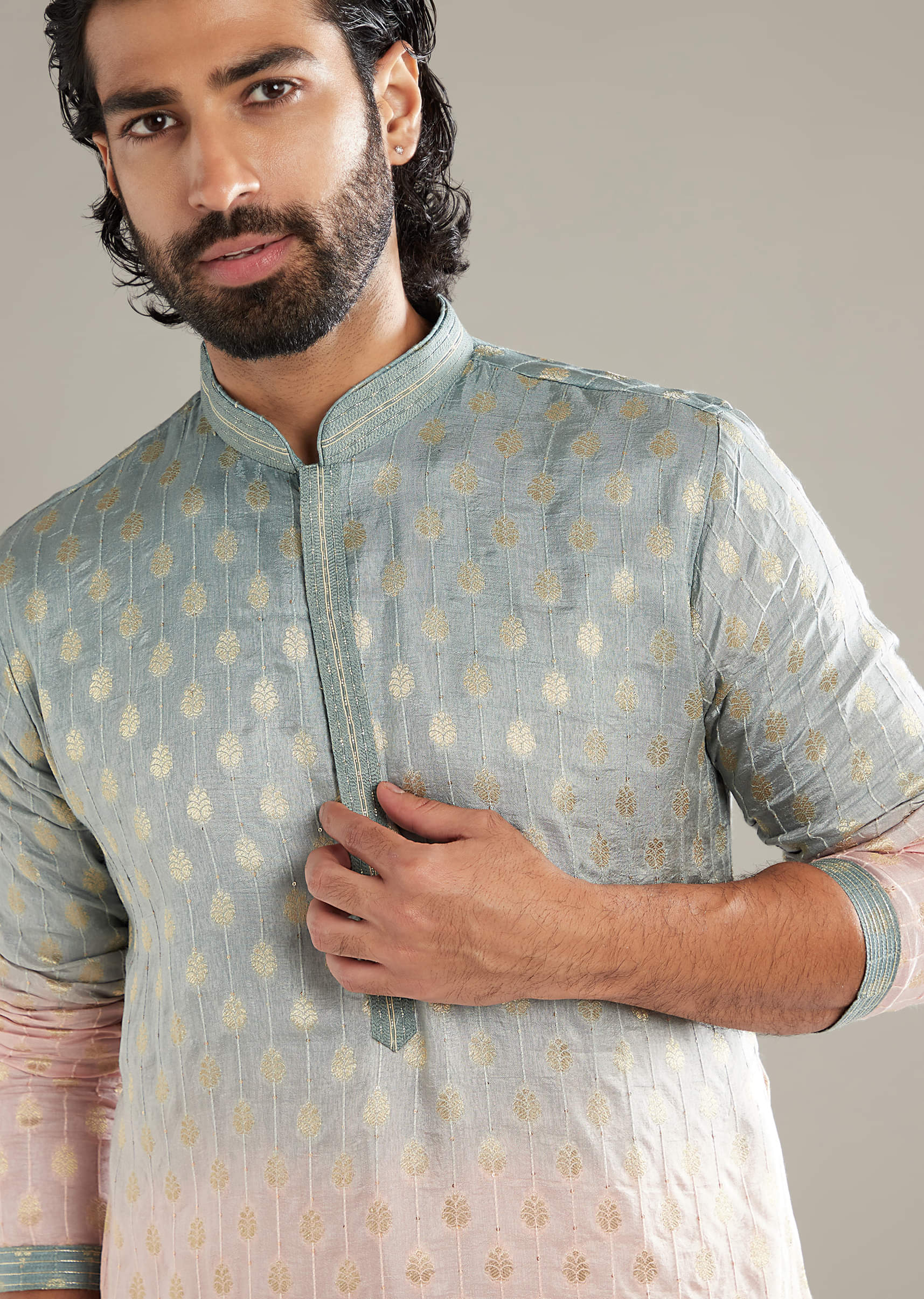 Pink And Green Ombre Silk Kurta Set For Men With Foil Motifs - Image 2