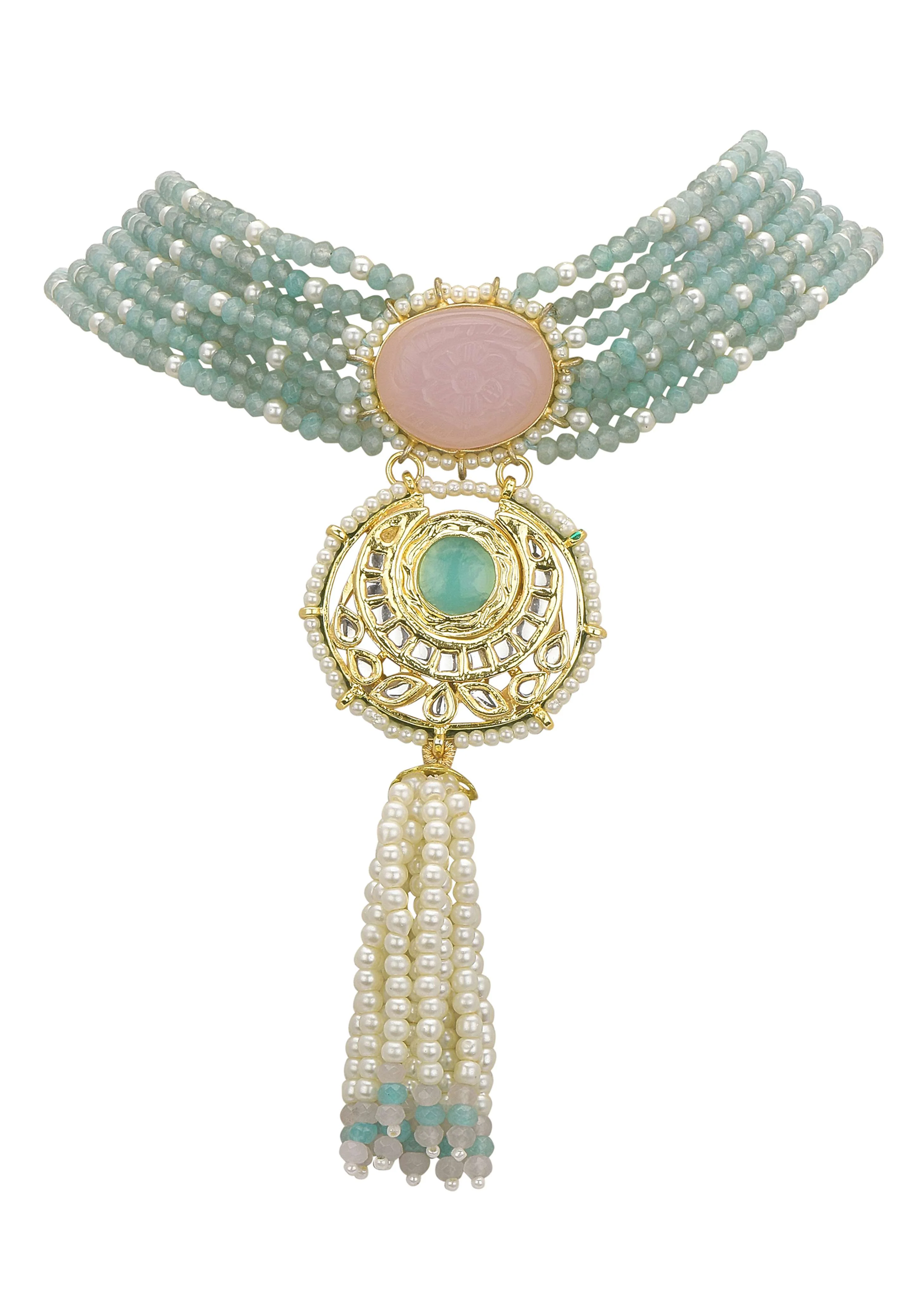 Pink And Green Pendant Necklace Set With Encrusted Kundan - Image 5