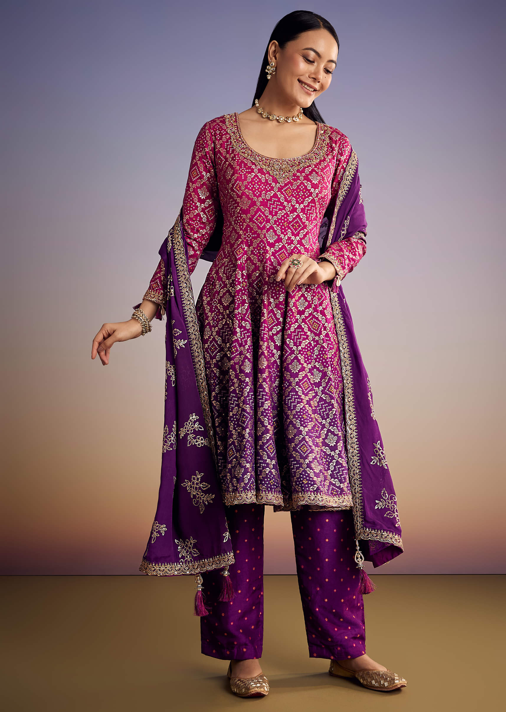 Pink And Purple Ombre Bandhani Anarkali Suit With Zardosi Neckline - Image 2