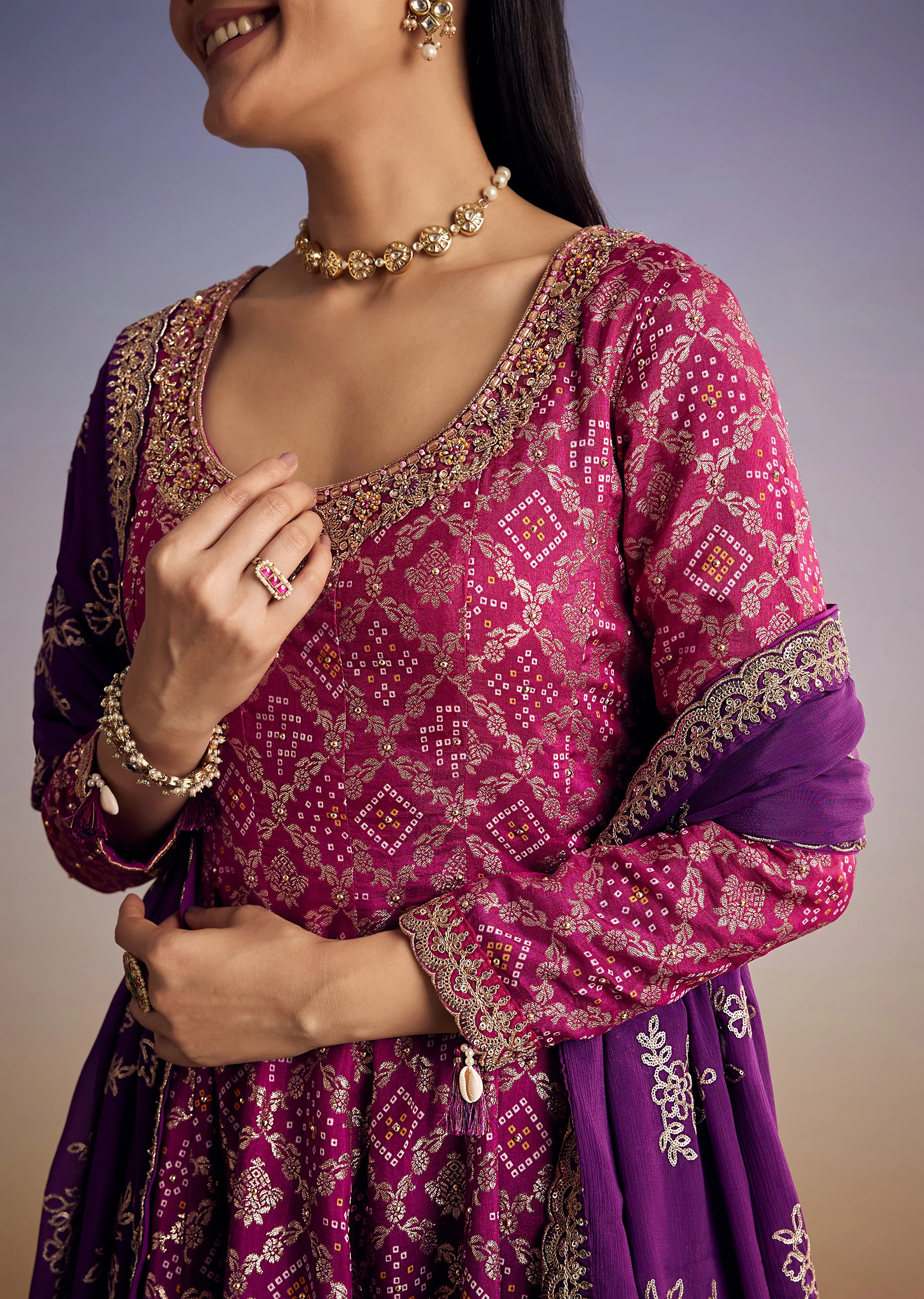 Pink And Purple Ombre Bandhani Anarkali Suit With Zardosi Neckline - Image 3