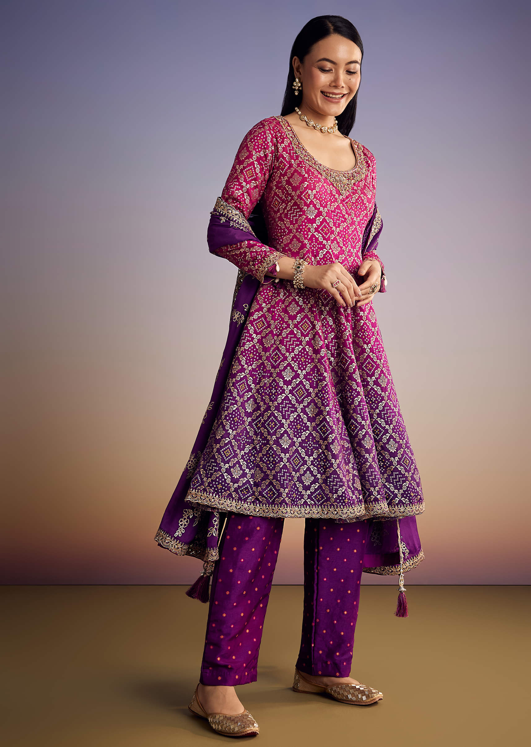 Pink And Purple Ombre Bandhani Anarkali Suit With Zardosi Neckline - Image 4