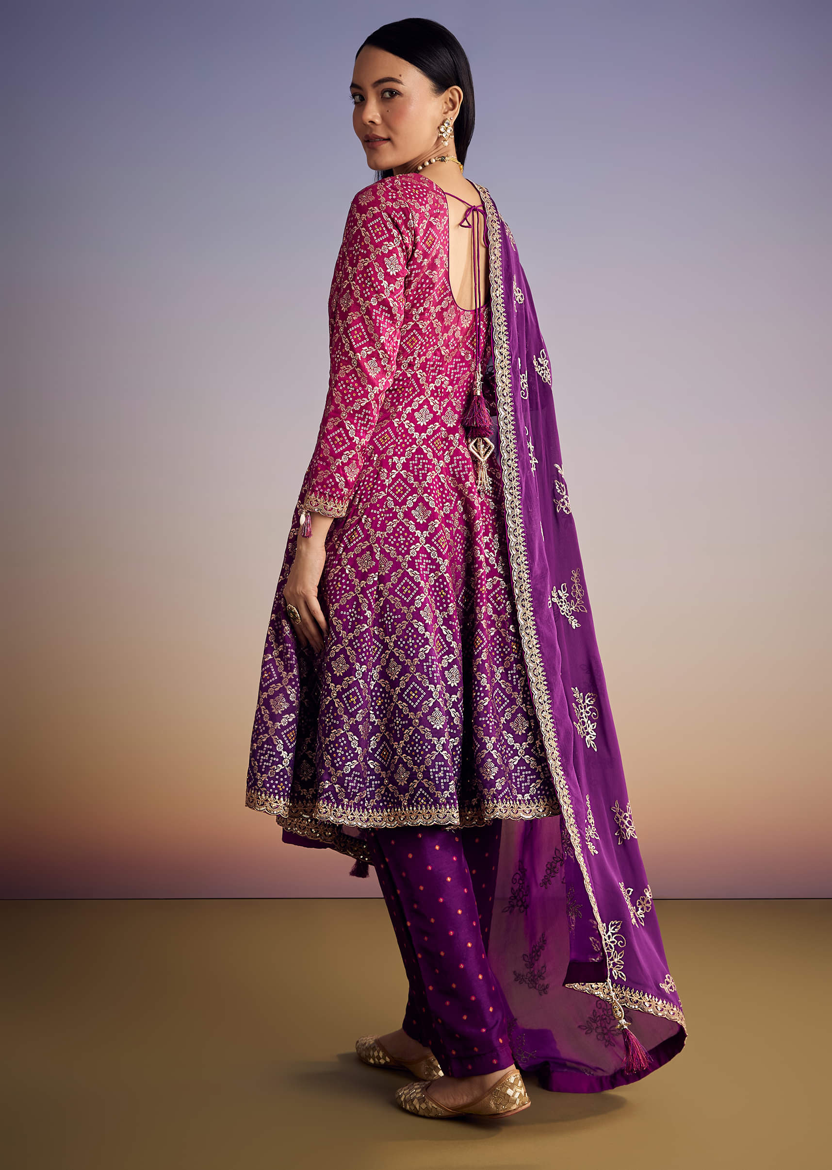 Pink And Purple Ombre Bandhani Anarkali Suit With Zardosi Neckline - Image 5