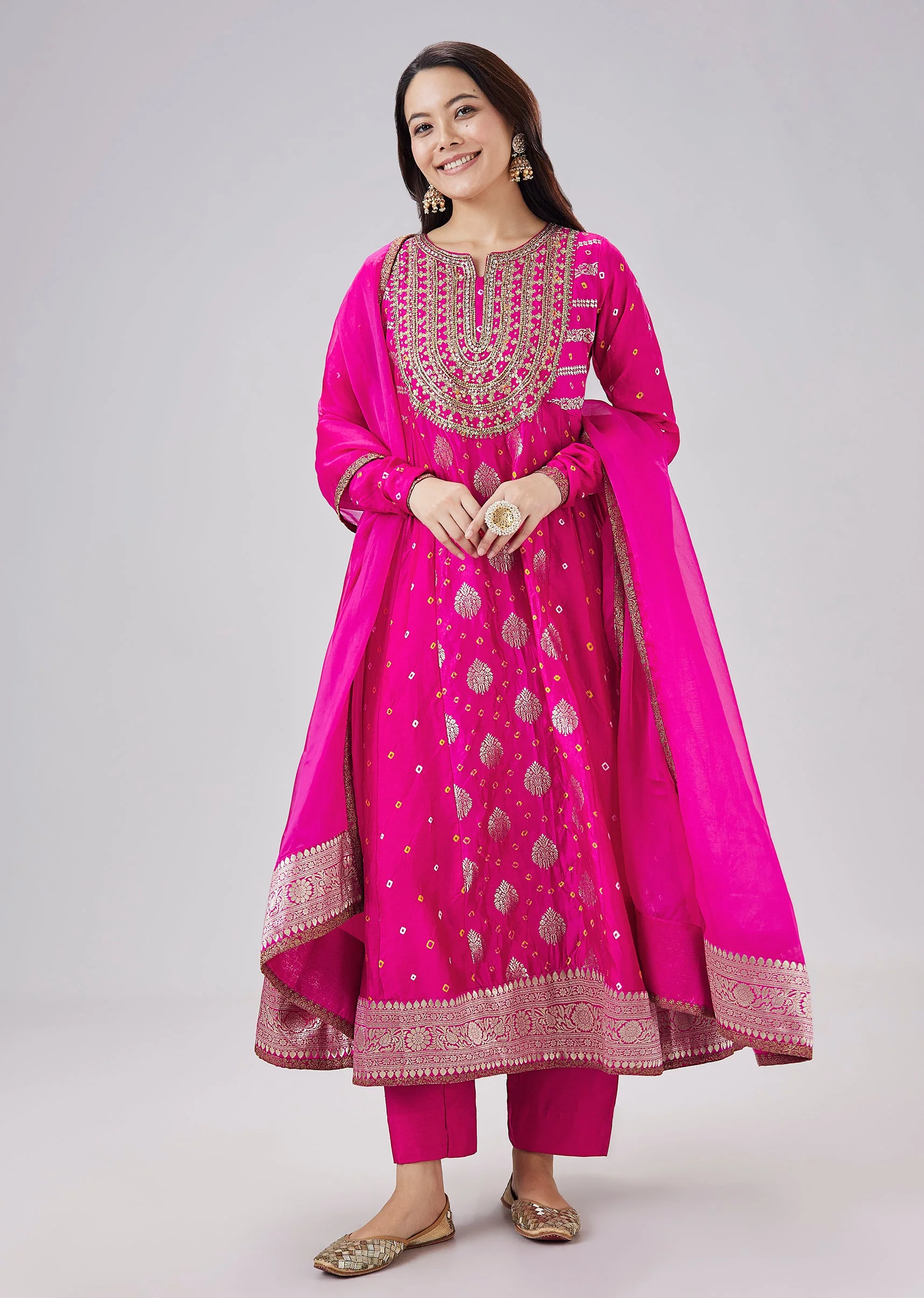 Pink Banarasi Bandhani Silk Anarkali Set With Dupatta - Image 3