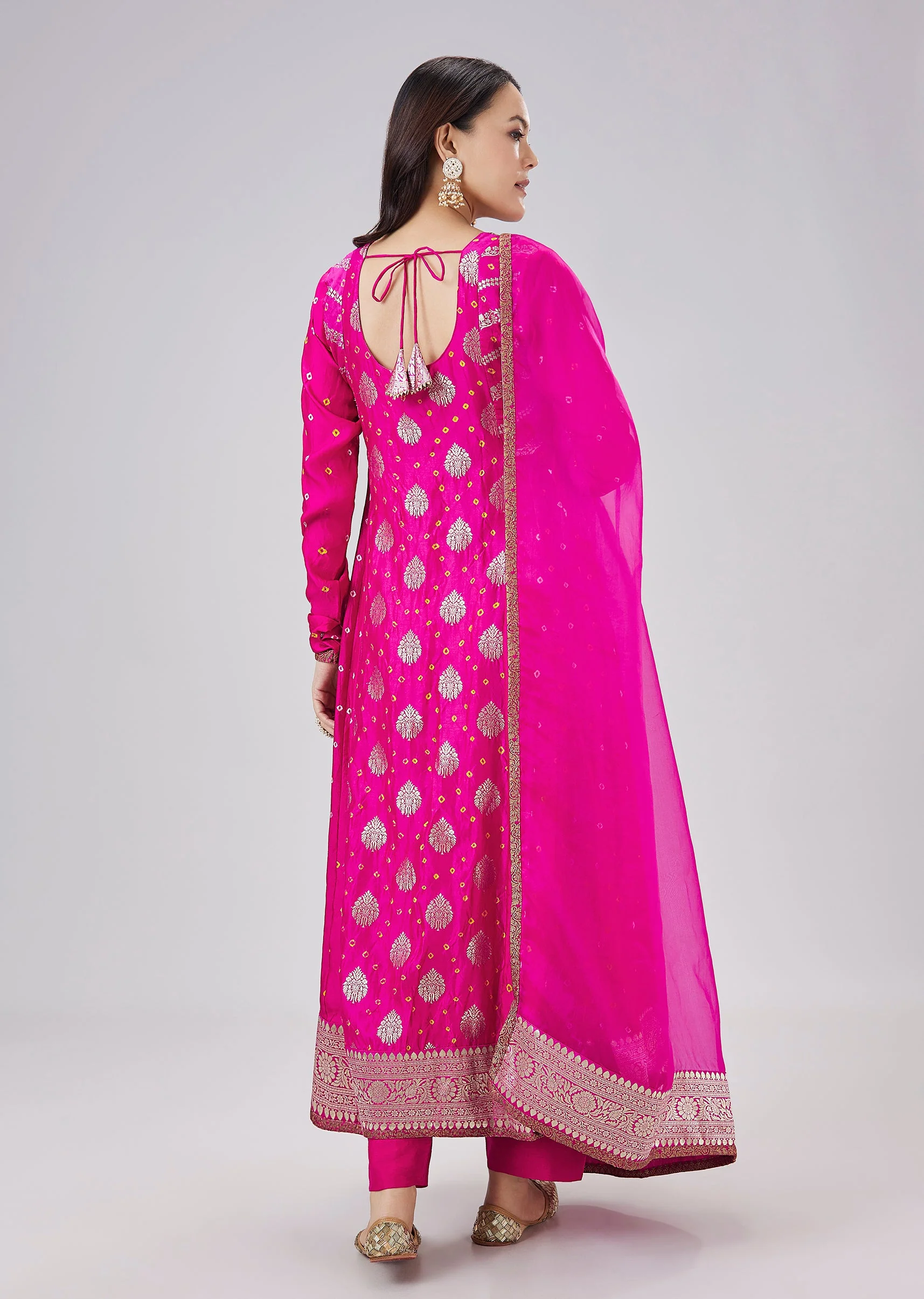 Pink Banarasi Bandhani Silk Anarkali Set With Dupatta - Image 5