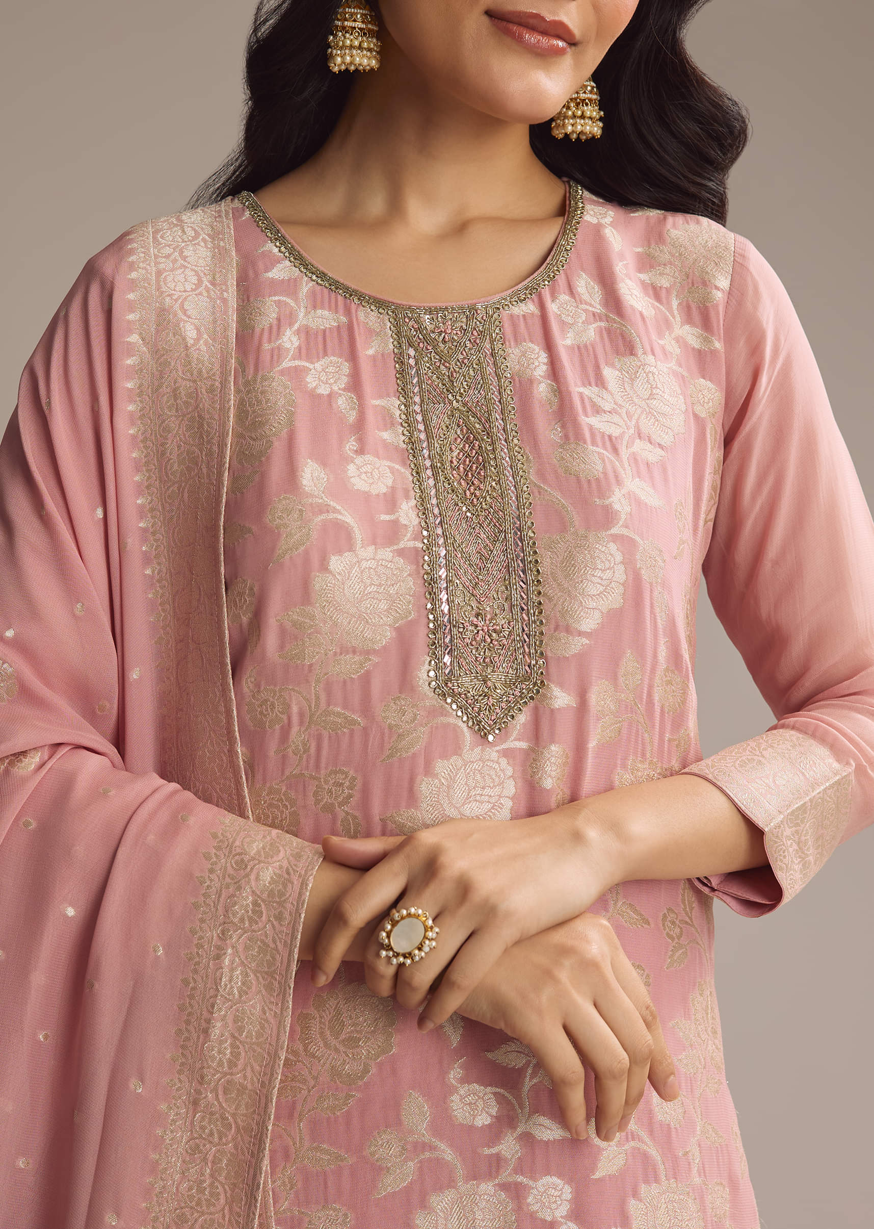 Pink Banarasi Georgette Palazzo Suit - Image 2