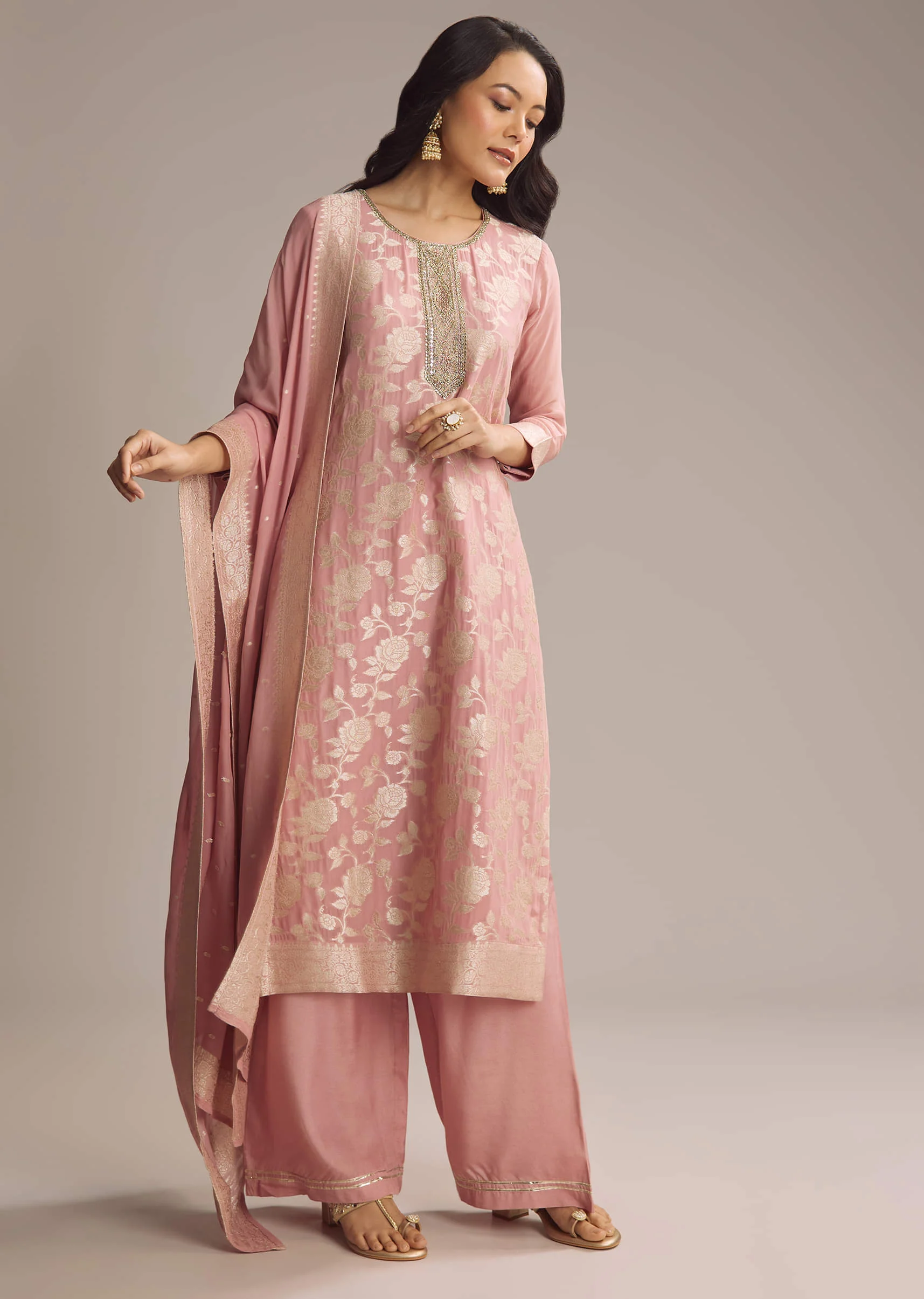 Pink Banarasi Georgette Palazzo Suit - Image 3