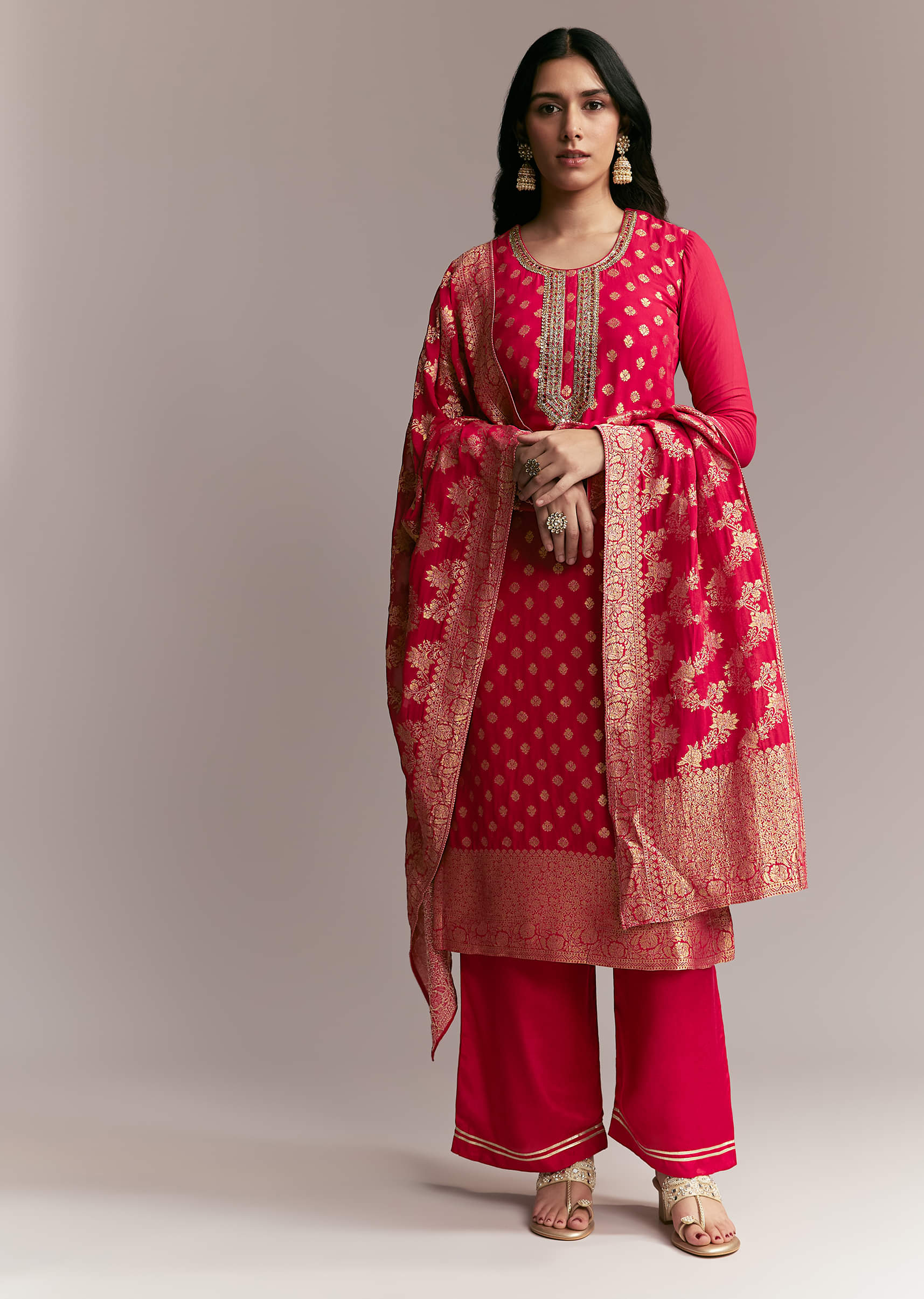 Pink Banarasi Kurta Set with Mirror Work - Image 3