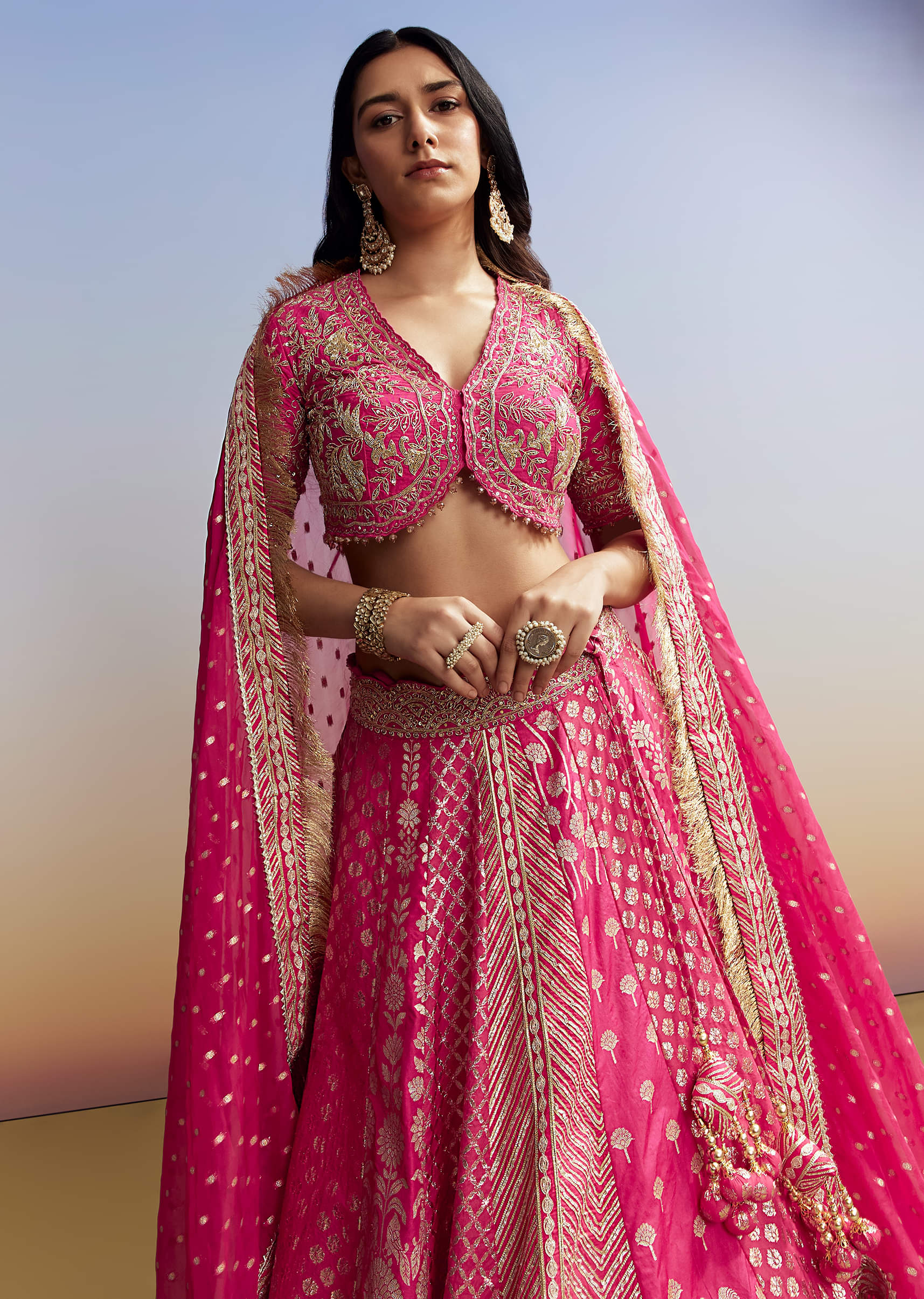 Pink Banarasi Silk Bridesmaid Lehenga - Image 4