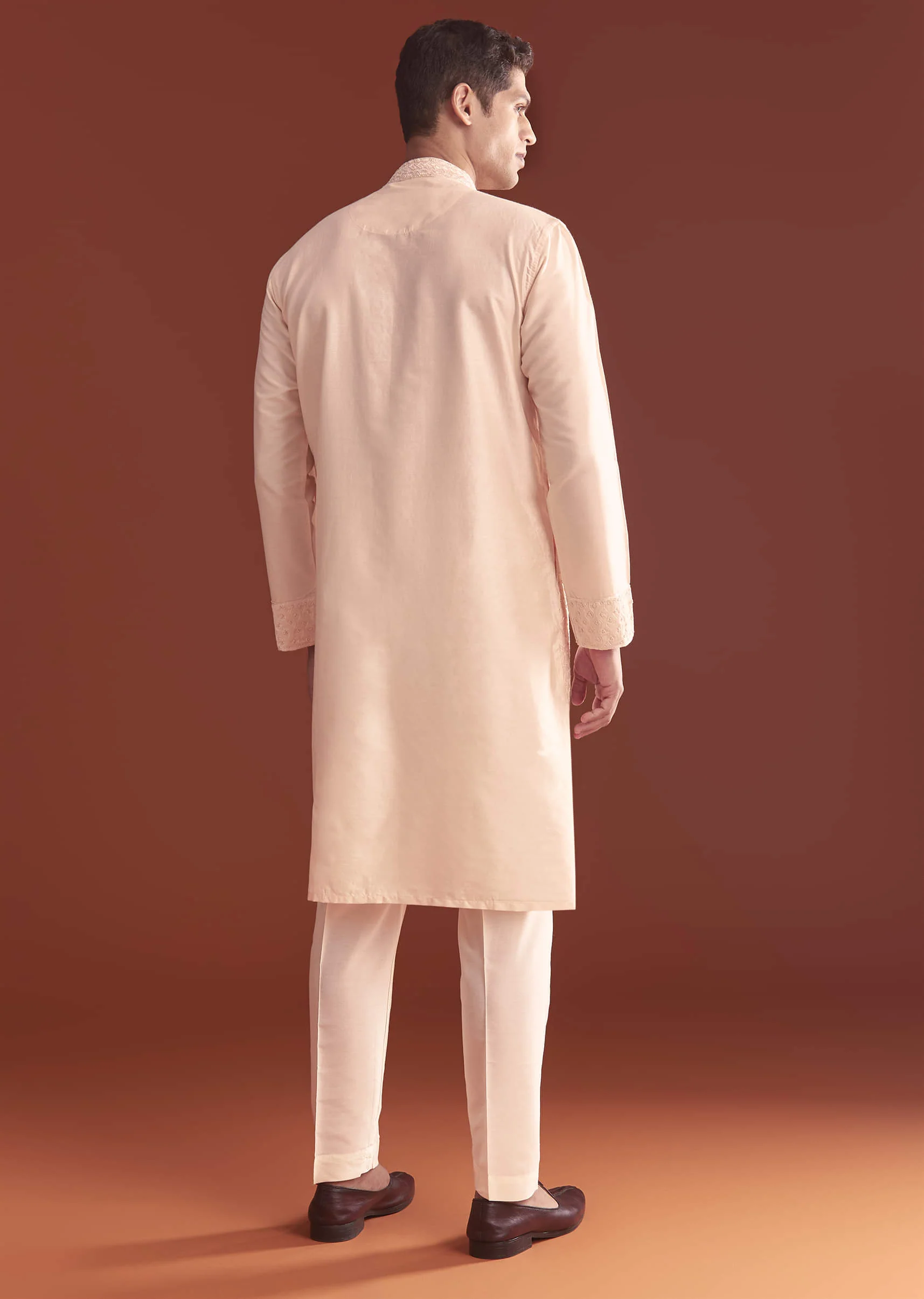 Pink Banarasi Silk Kurta Set For Men With Intricate Hand Work - Image 5