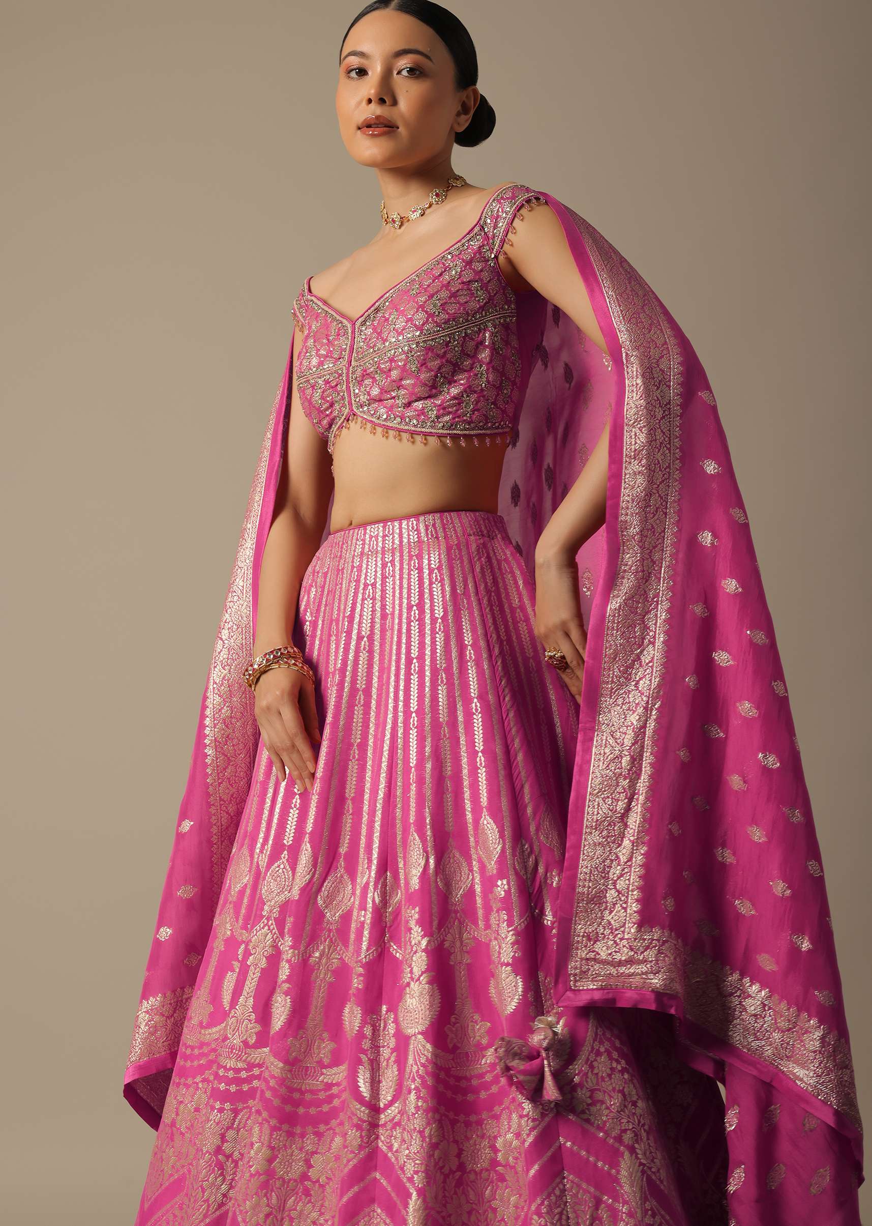 Pink Banarasi Silk Lehenga Set With Gota Patti - Image 4