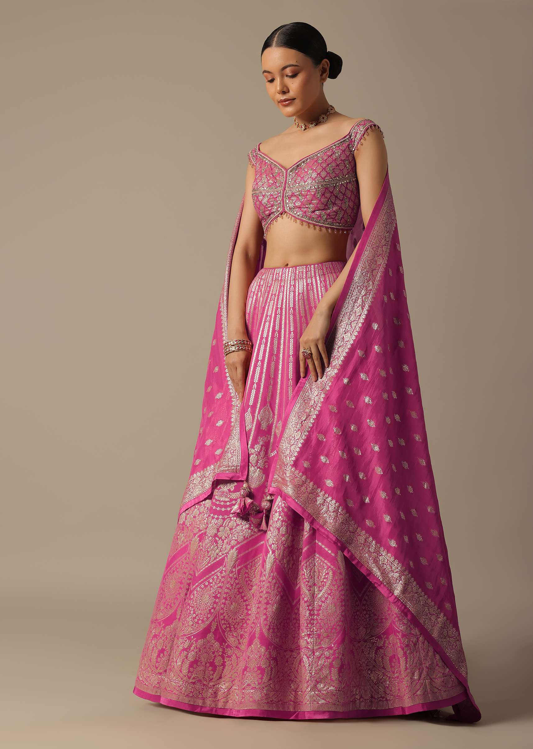 Pink Banarasi Silk Lehenga Set With Gota Patti - Image 5
