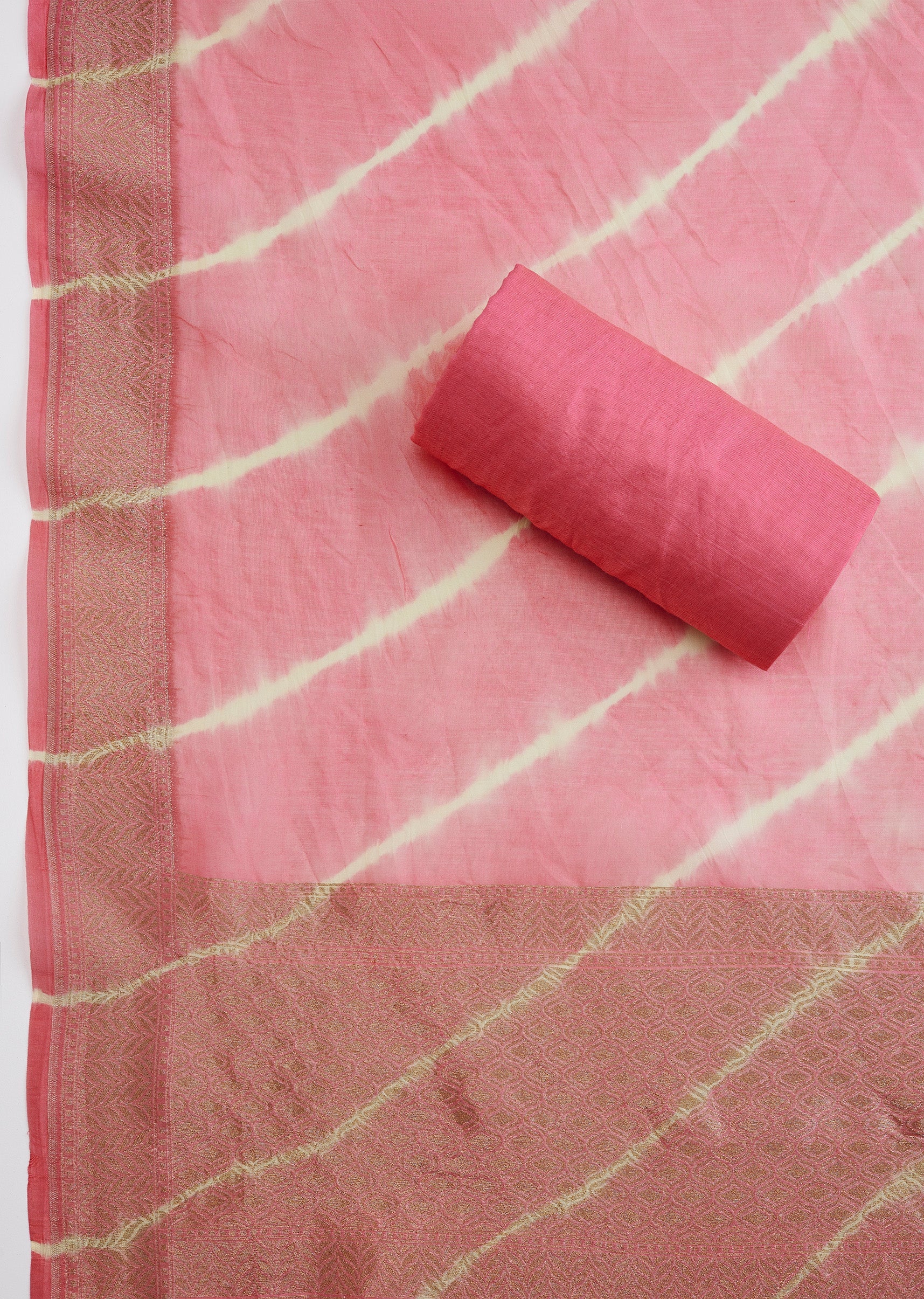 Pink Banarasi Silk Unstitched Suit Set With Leheriya Dupatta - Image 4