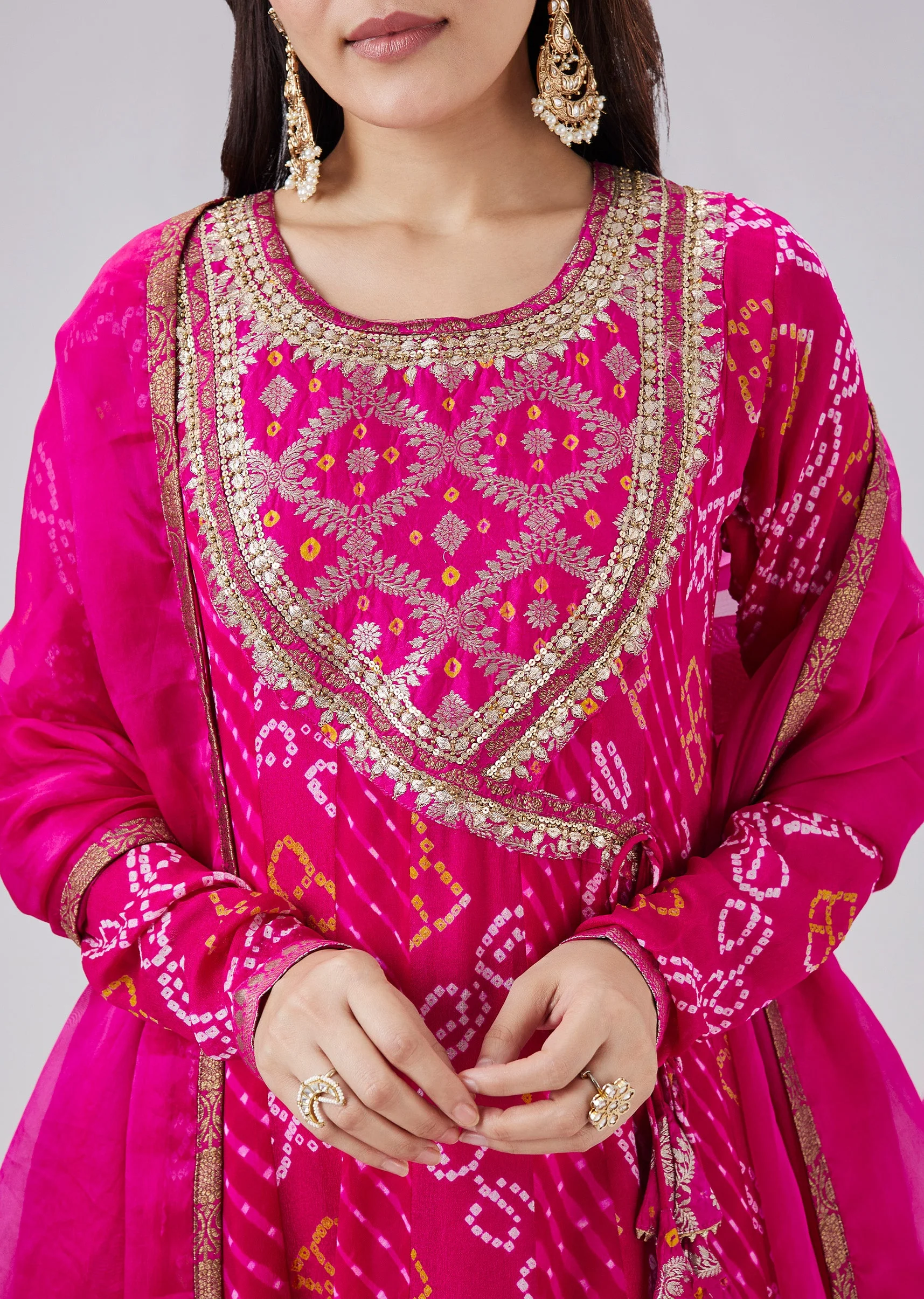 Pink Bandhani And Leheriya Georgette Angrakha Anarkali Set - Image 2