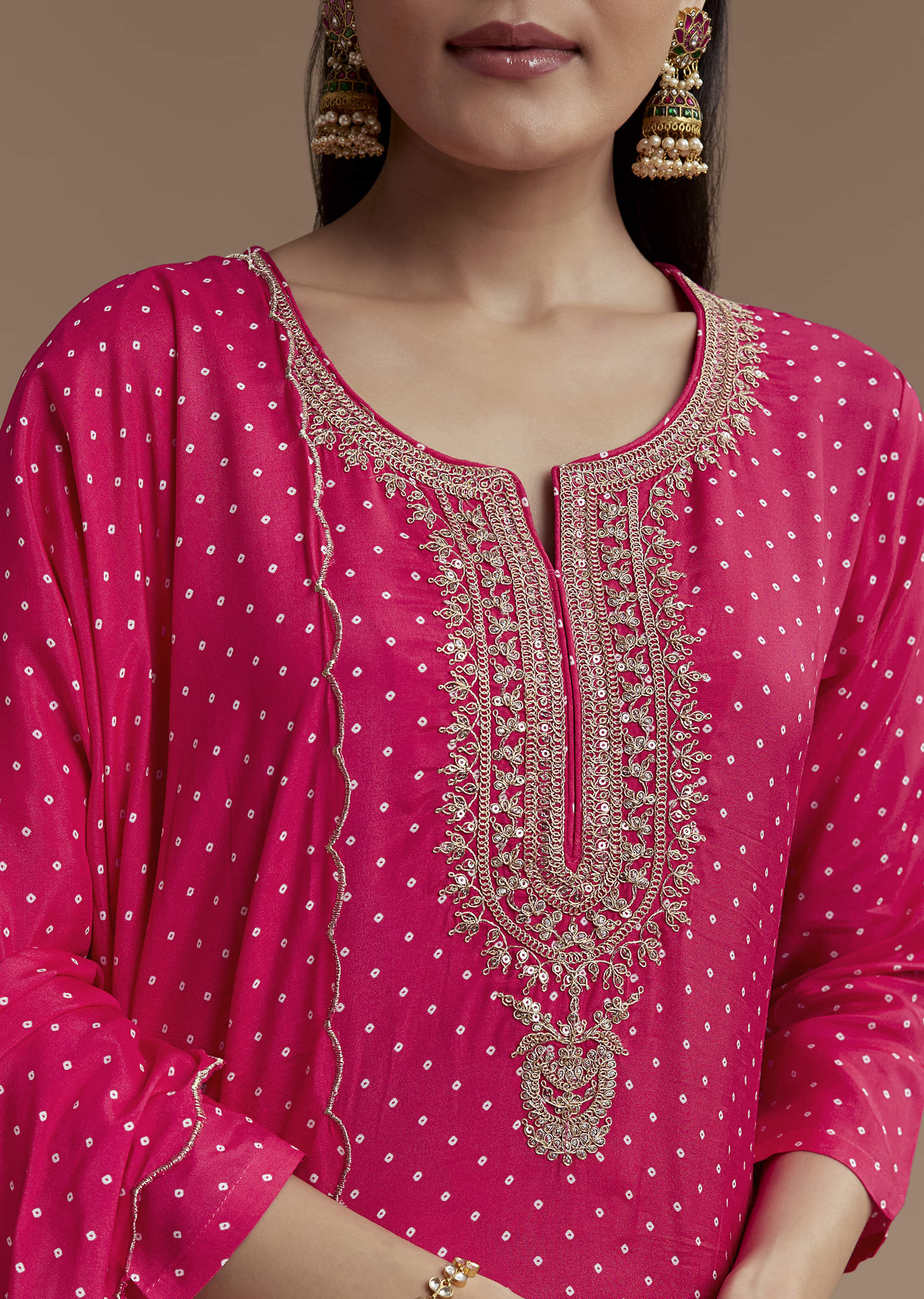 Pink Bandhani Printed Silk Kurta Set with Zari Work - Image 2