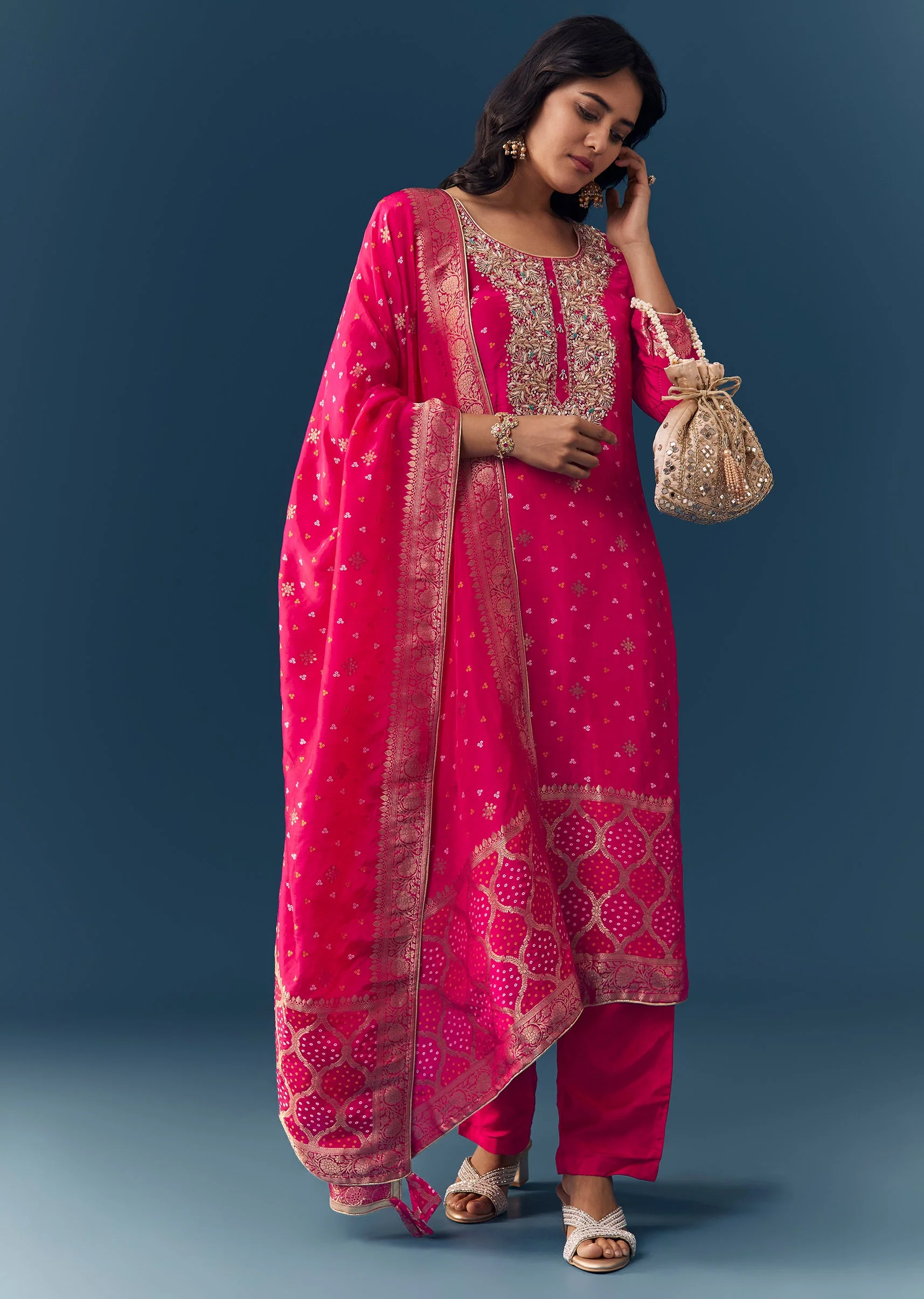 Pink Bandhani Zardozi Work Kurta Set - Image 3