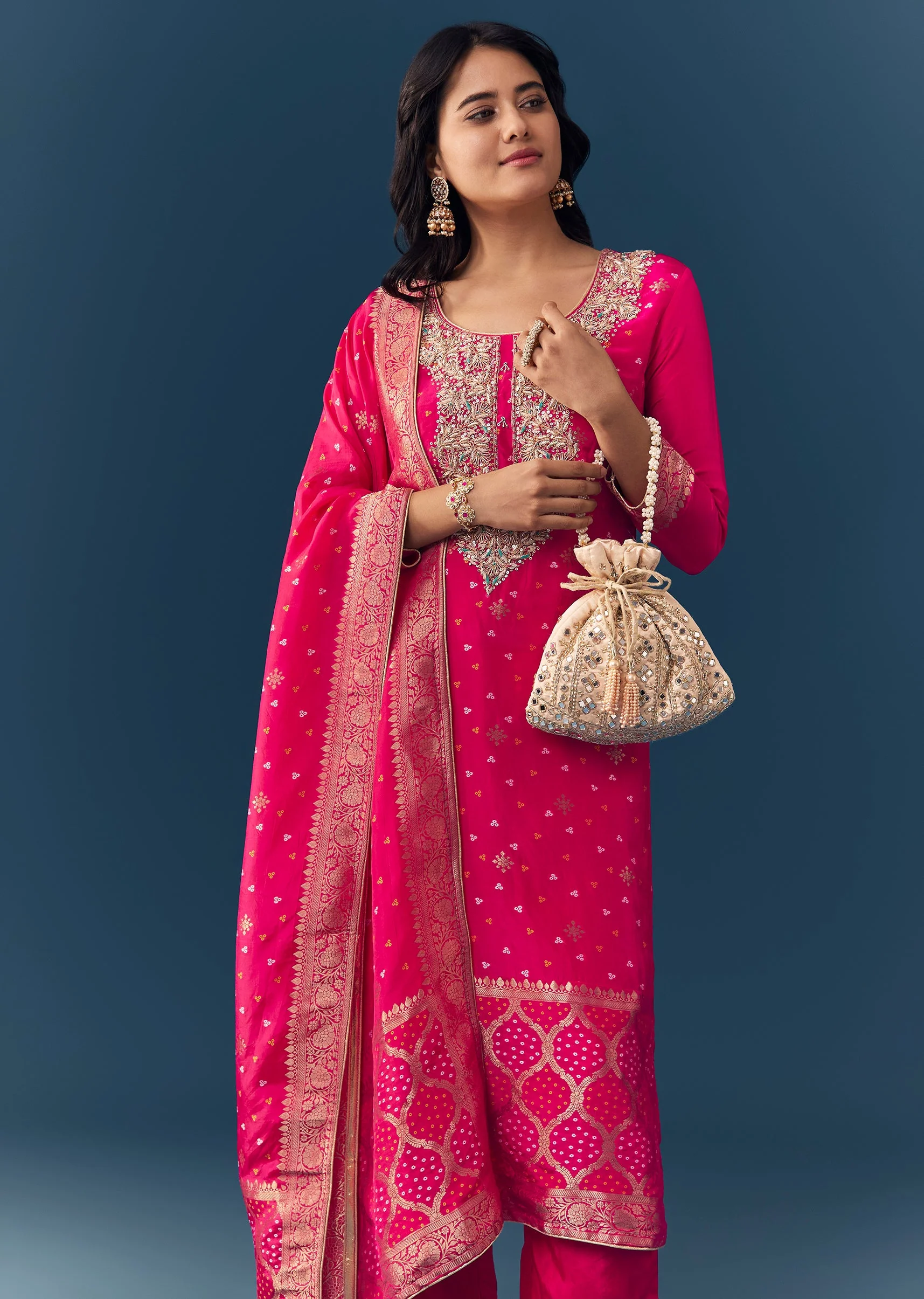 Pink Bandhani Zardozi Work Kurta Set - Image 4