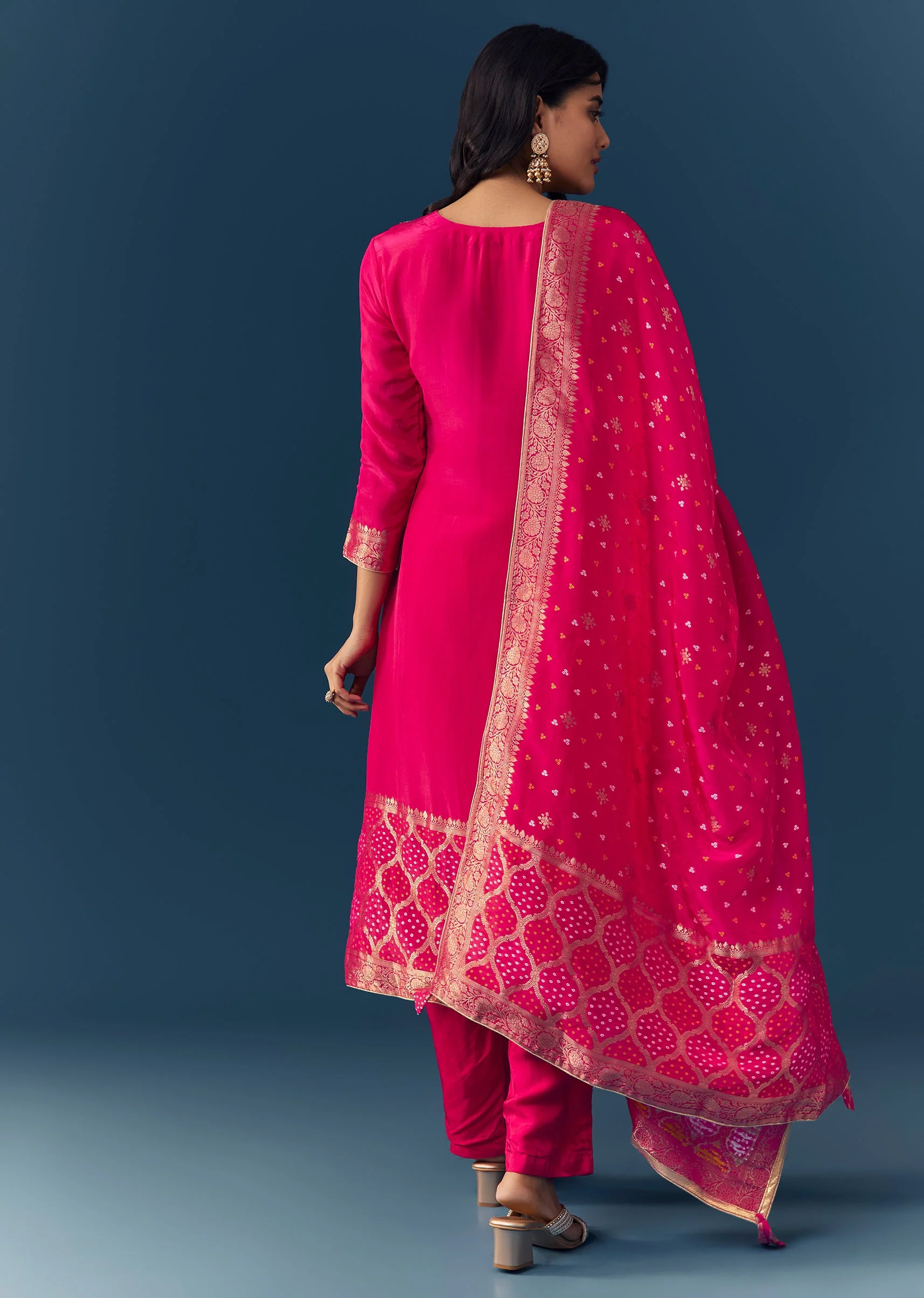 Pink Bandhani Zardozi Work Kurta Set - Image 5