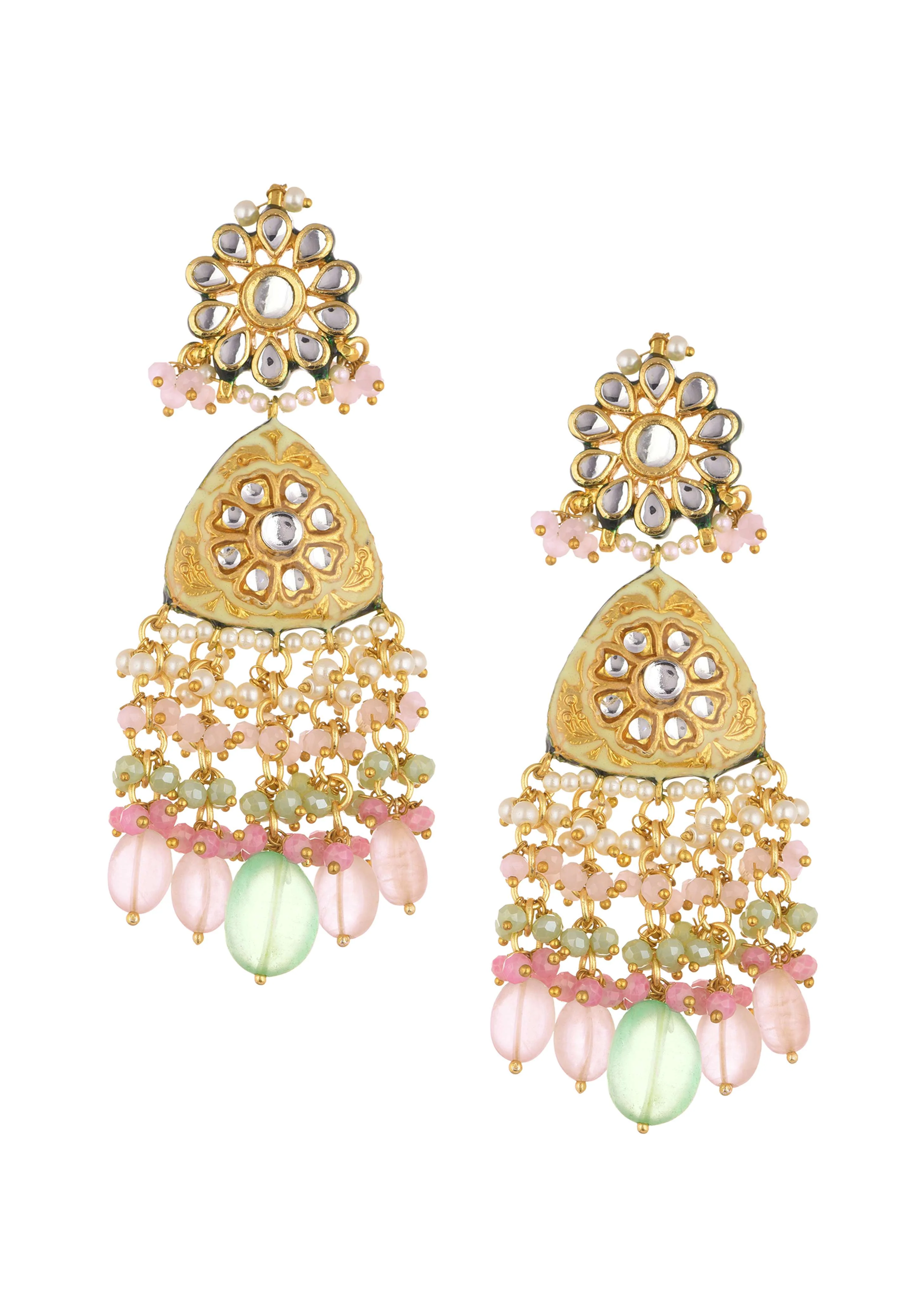 Pink Beaded Kundan Danglers In Gold Finish - Image 3