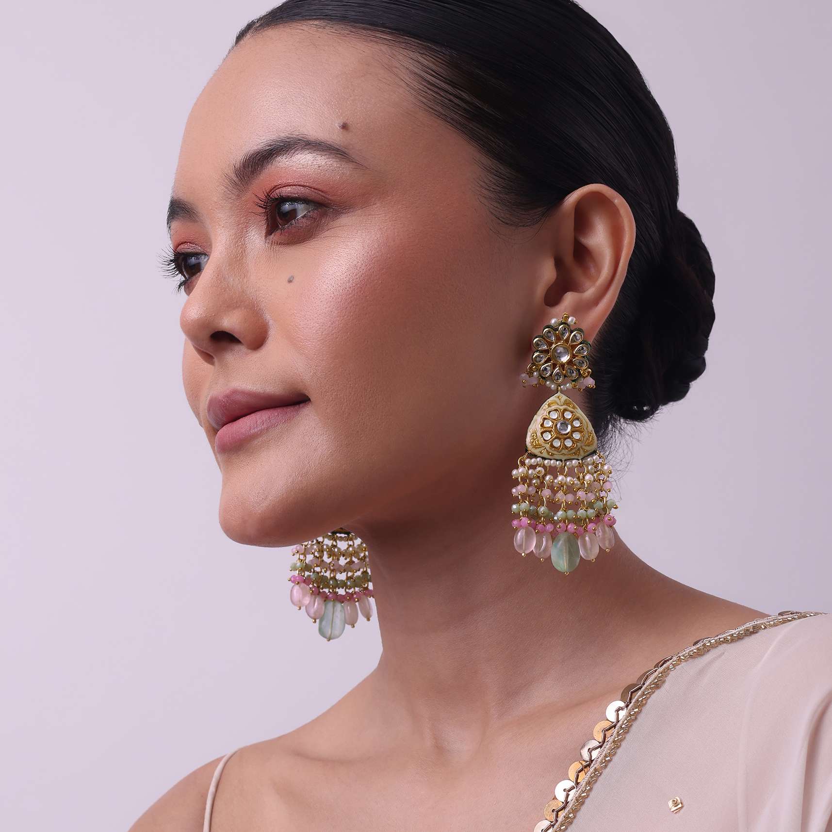 Pink Beaded Kundan Danglers In Gold Finish - Image 4