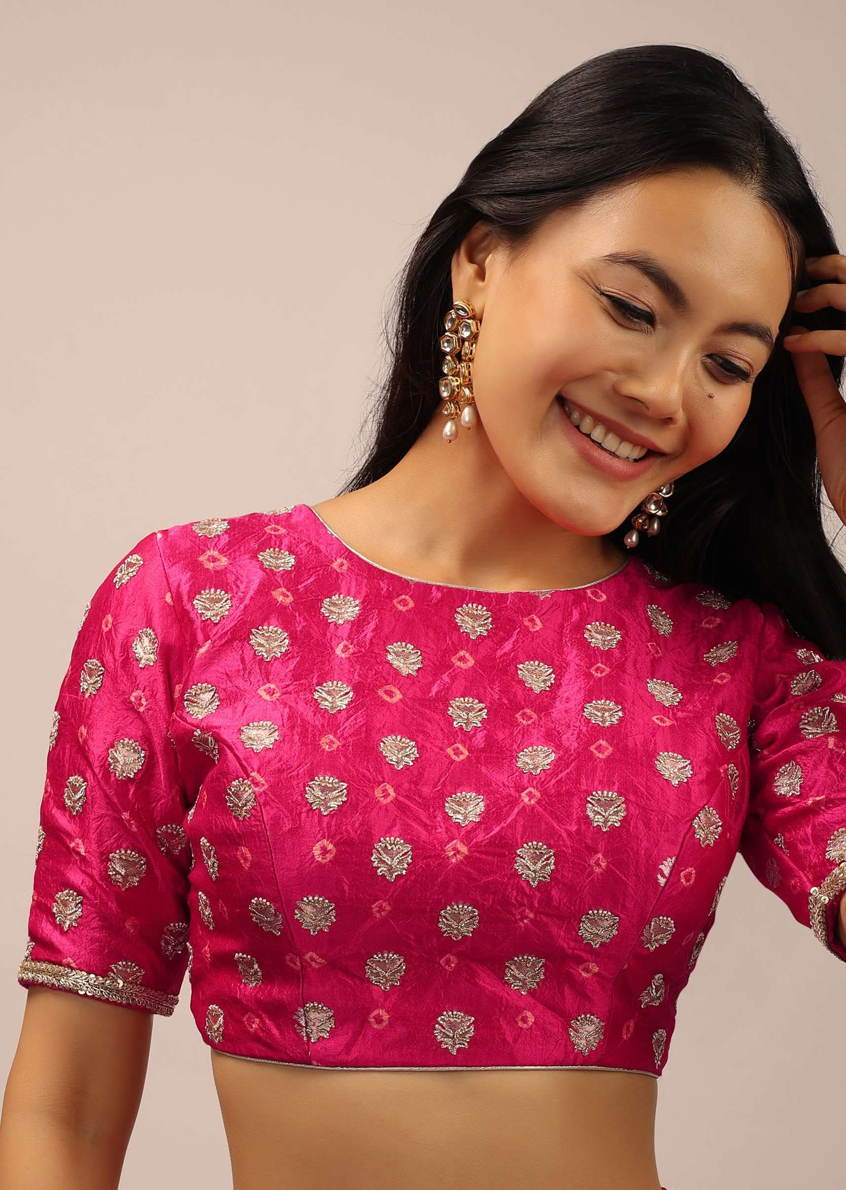 Pink Blouse In Brocade Silk With Bandhani Print And Half Sleeves - Image 2