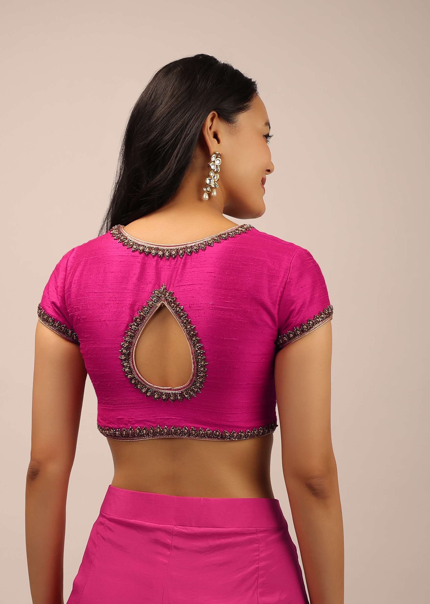 Pink Blouse In Raw Silk With Cut Dana Work And V Neckline - Image 2