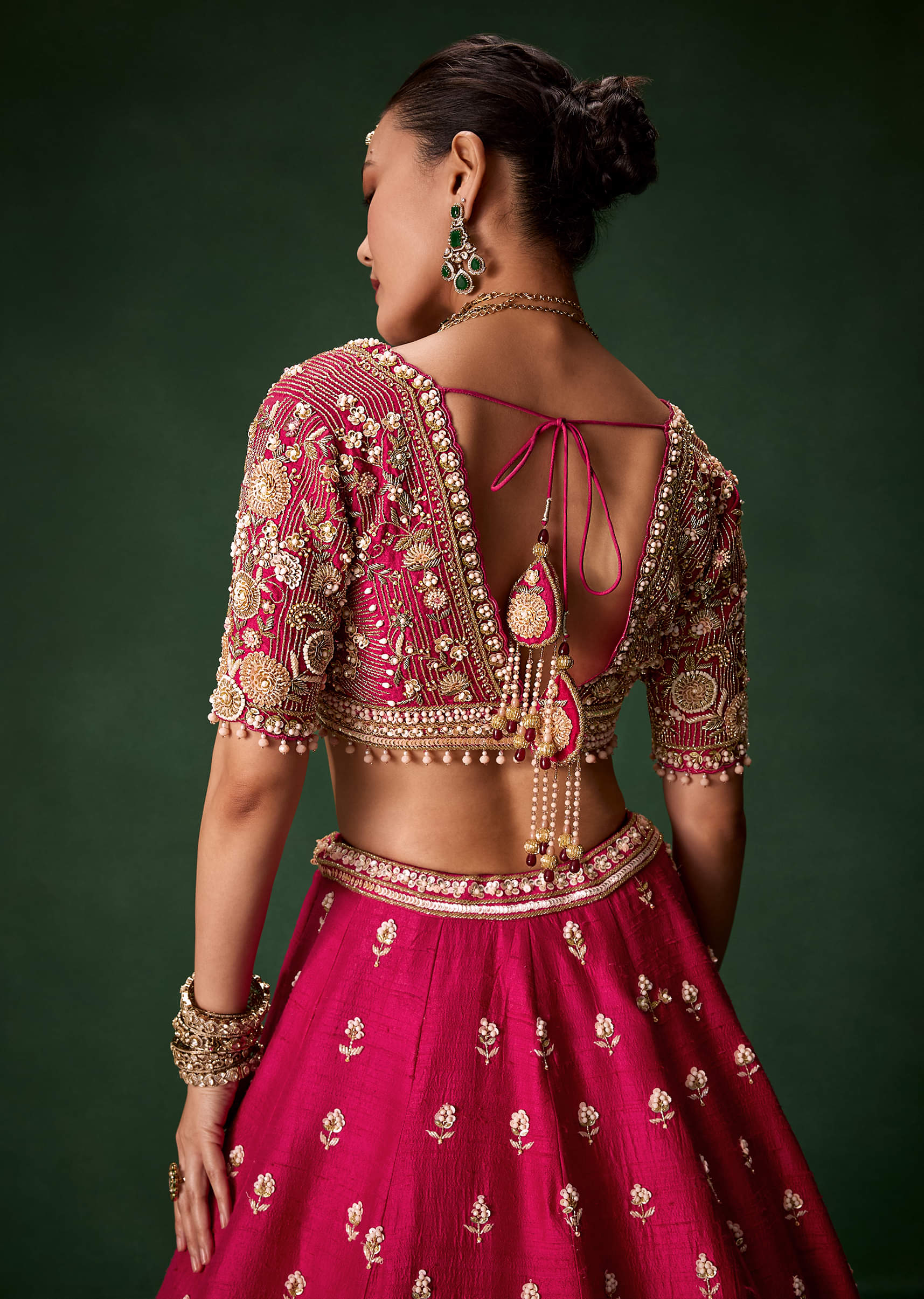 Pink Bridal Silk Lehenga Set with Two Dupattas - Image 6
