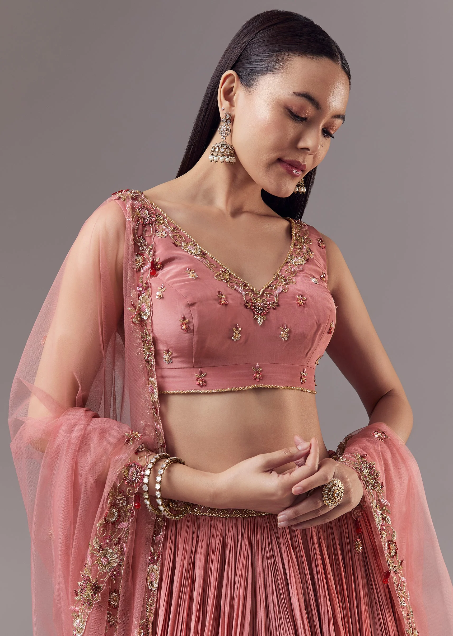 Pink Bridesmaid Lehenga Set with Zardozi Work - Image 3