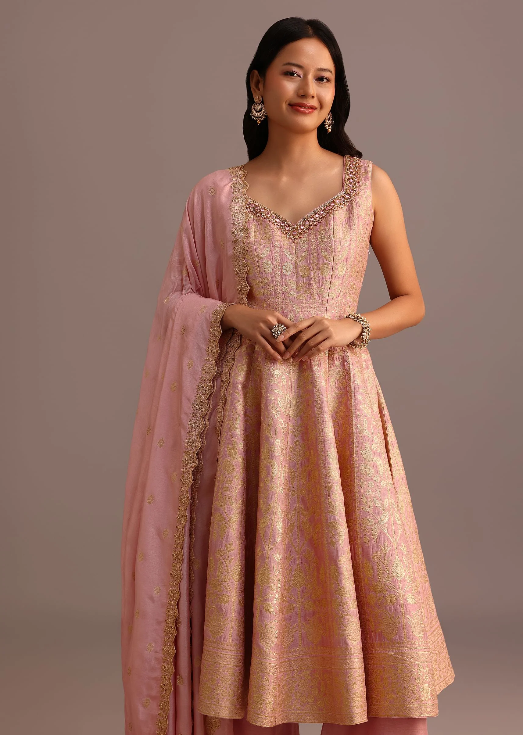 Pink Brocade Weave Kurti Palazzo Suit With Dupatta - Image 4