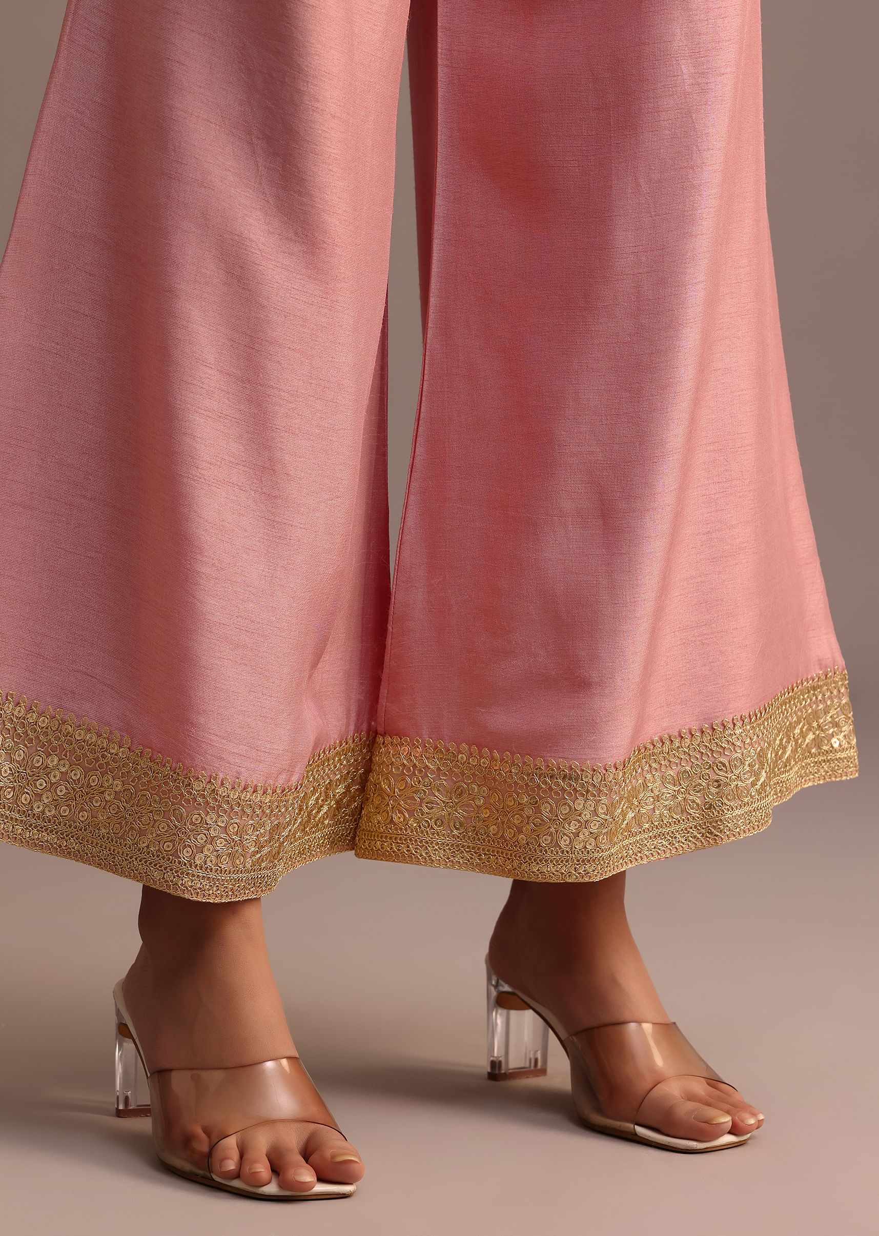 Pink Brocade Weave Kurti Palazzo Suit With Dupatta - Image 6