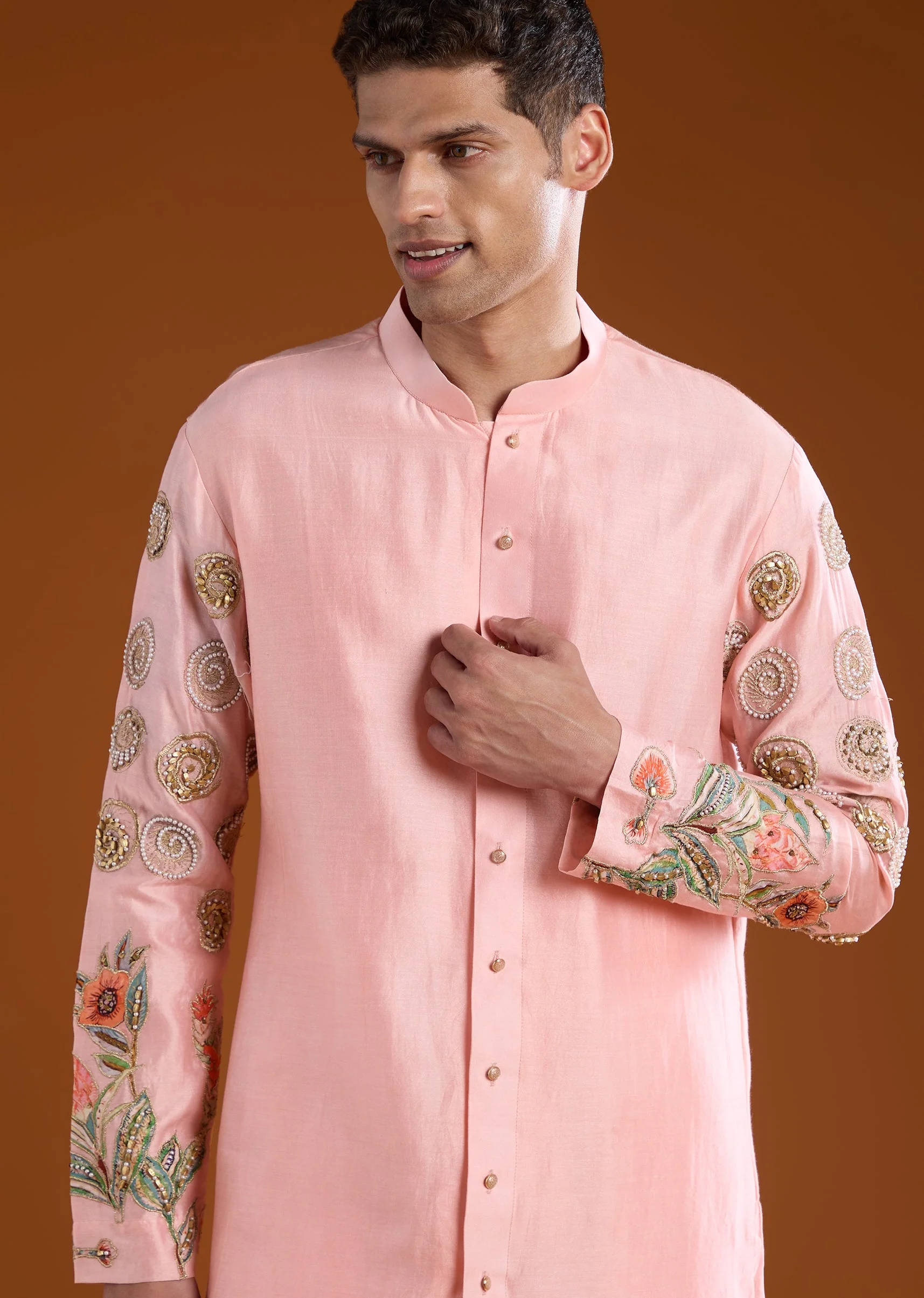 Pink Chanderi Embroidered Mens Kurta Pant Set - Image 2