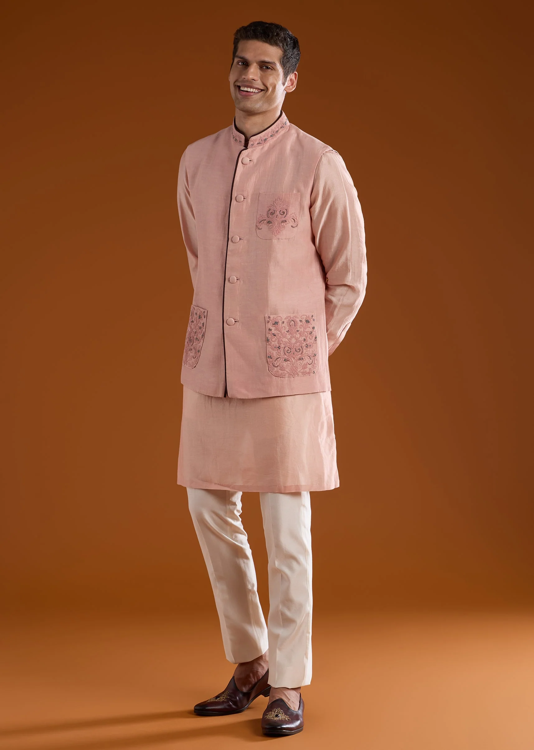 Pink Chanderi Jacket Kurta Set with Dori Work - Image 3