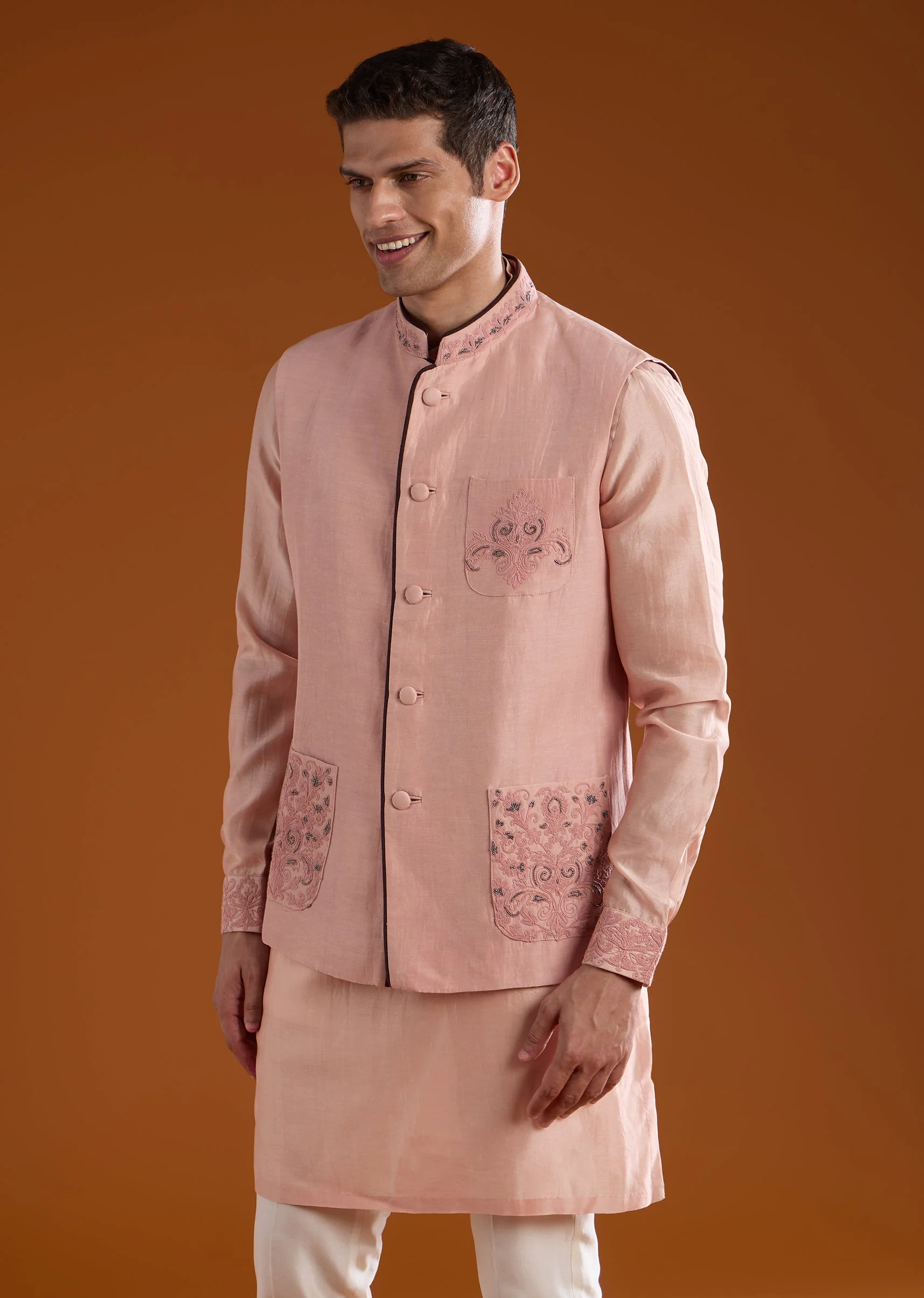 Pink Chanderi Jacket Kurta Set with Dori Work - Image 4