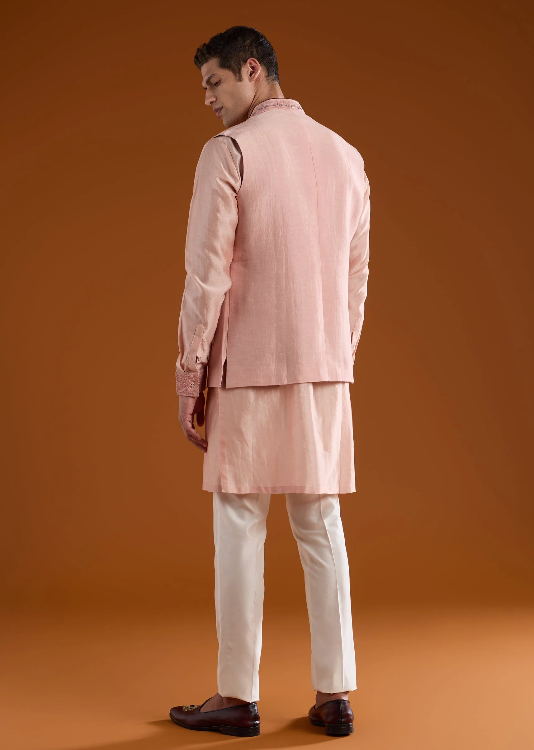 Pink Chanderi Jacket Kurta Set with Dori Work - Image 5