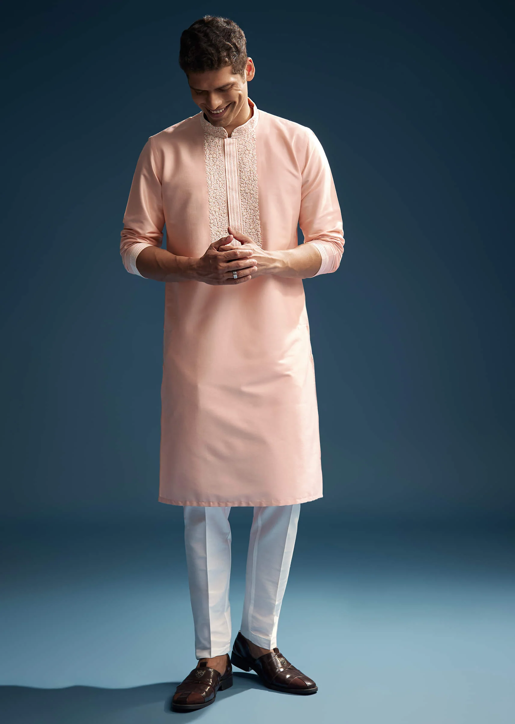 Pink Chanderi Kurta Set For Men With Kashmiri Hand Work - Image 2