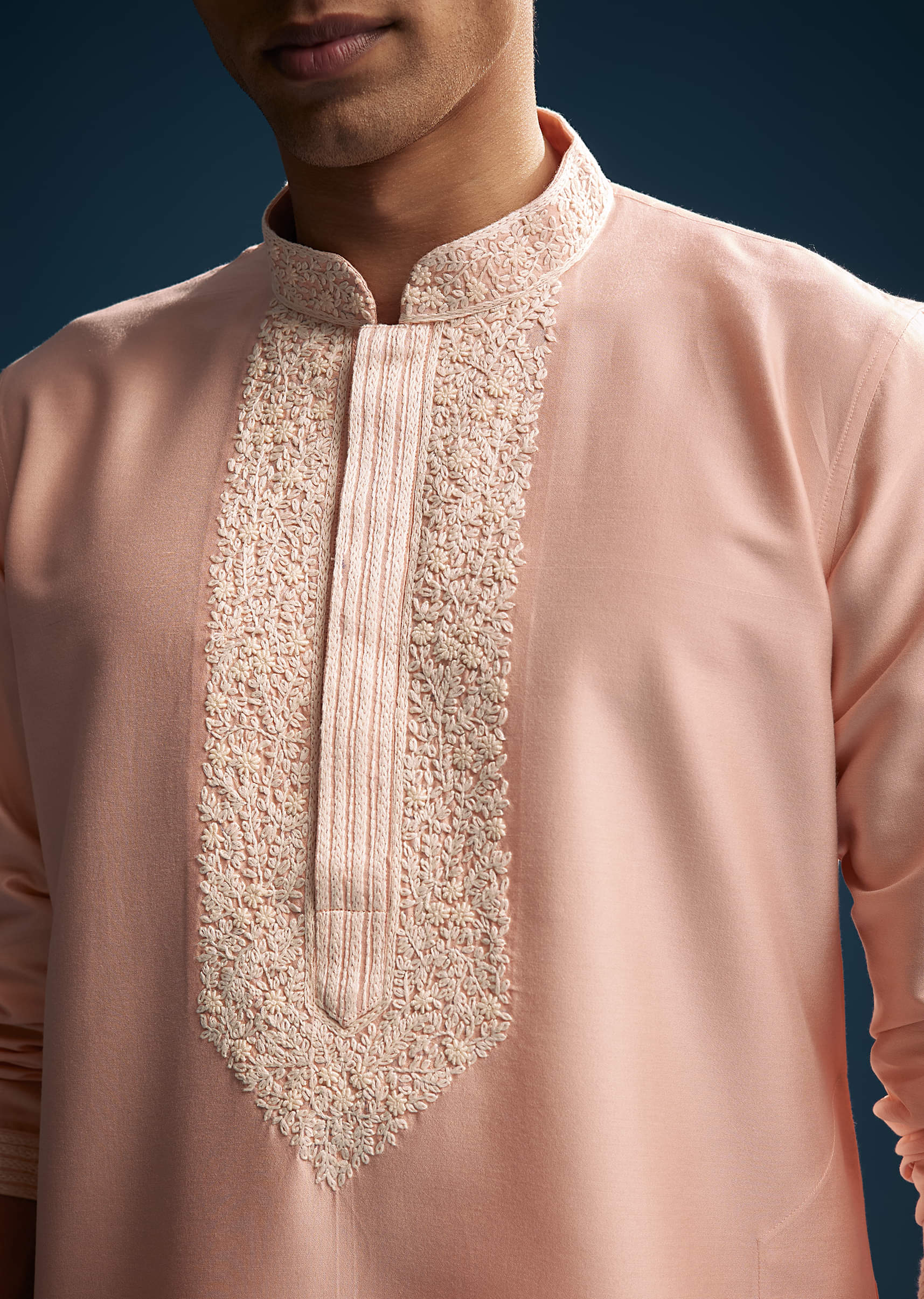 Pink Chanderi Kurta Set For Men With Kashmiri Hand Work - Image 5
