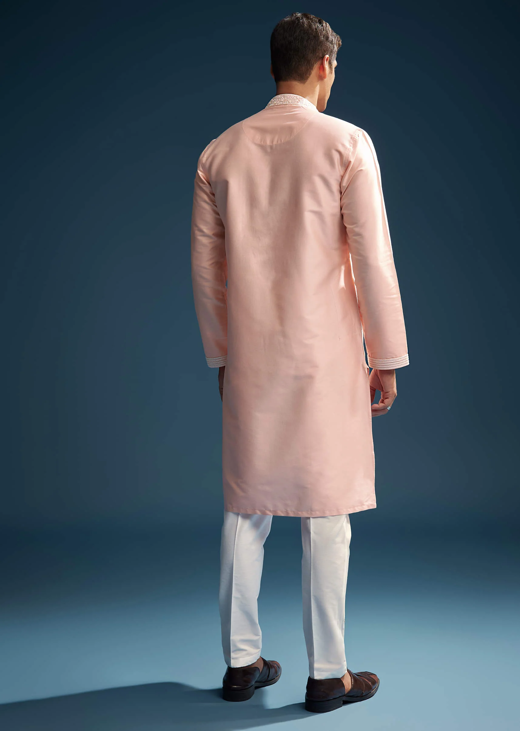 Pink Chanderi Kurta Set For Men With Kashmiri Hand Work - Image 6