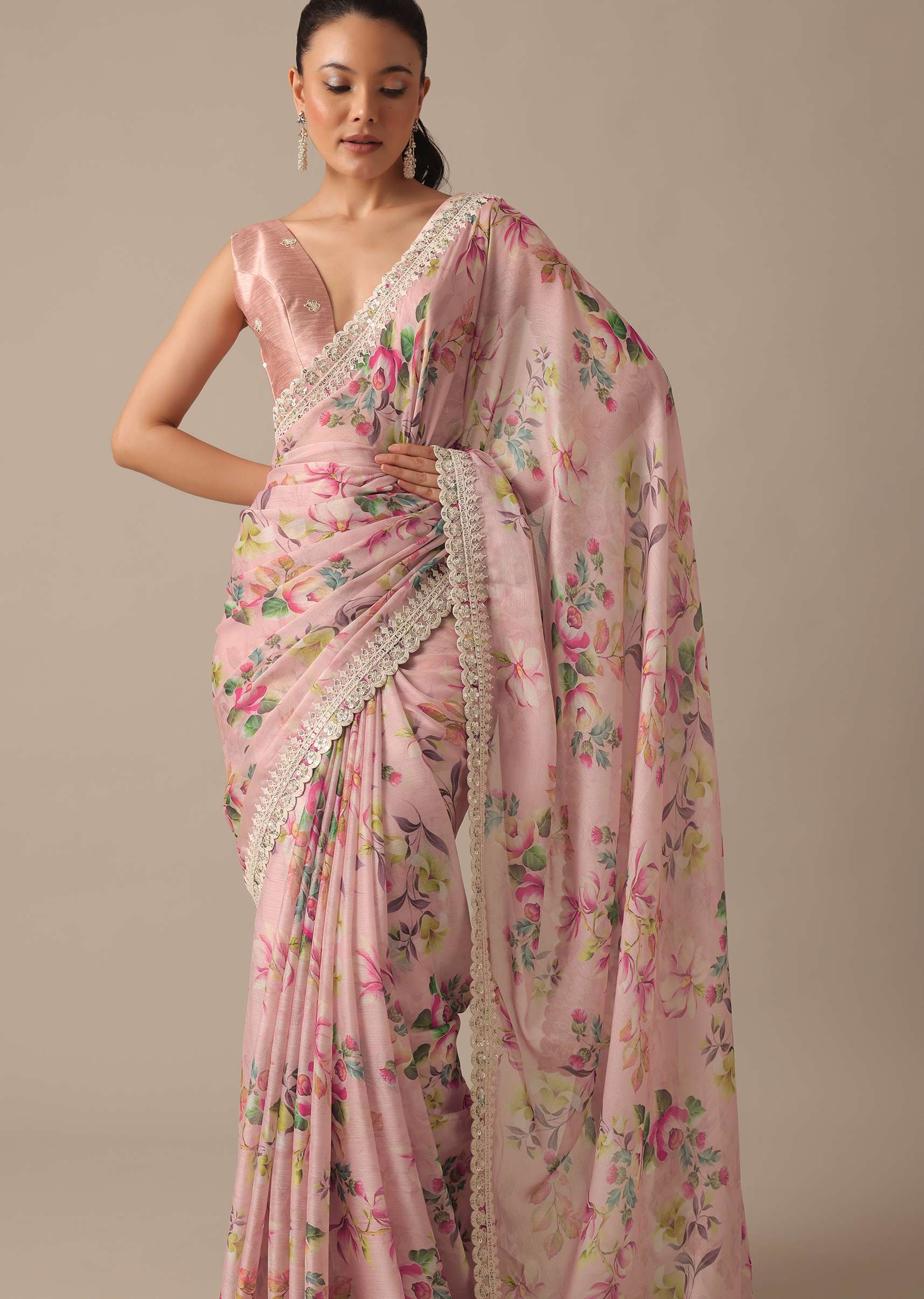 Pink Chiffon Ready To Wear Saree With Floral Prints And Unstitched Blouse Piece - Image 2