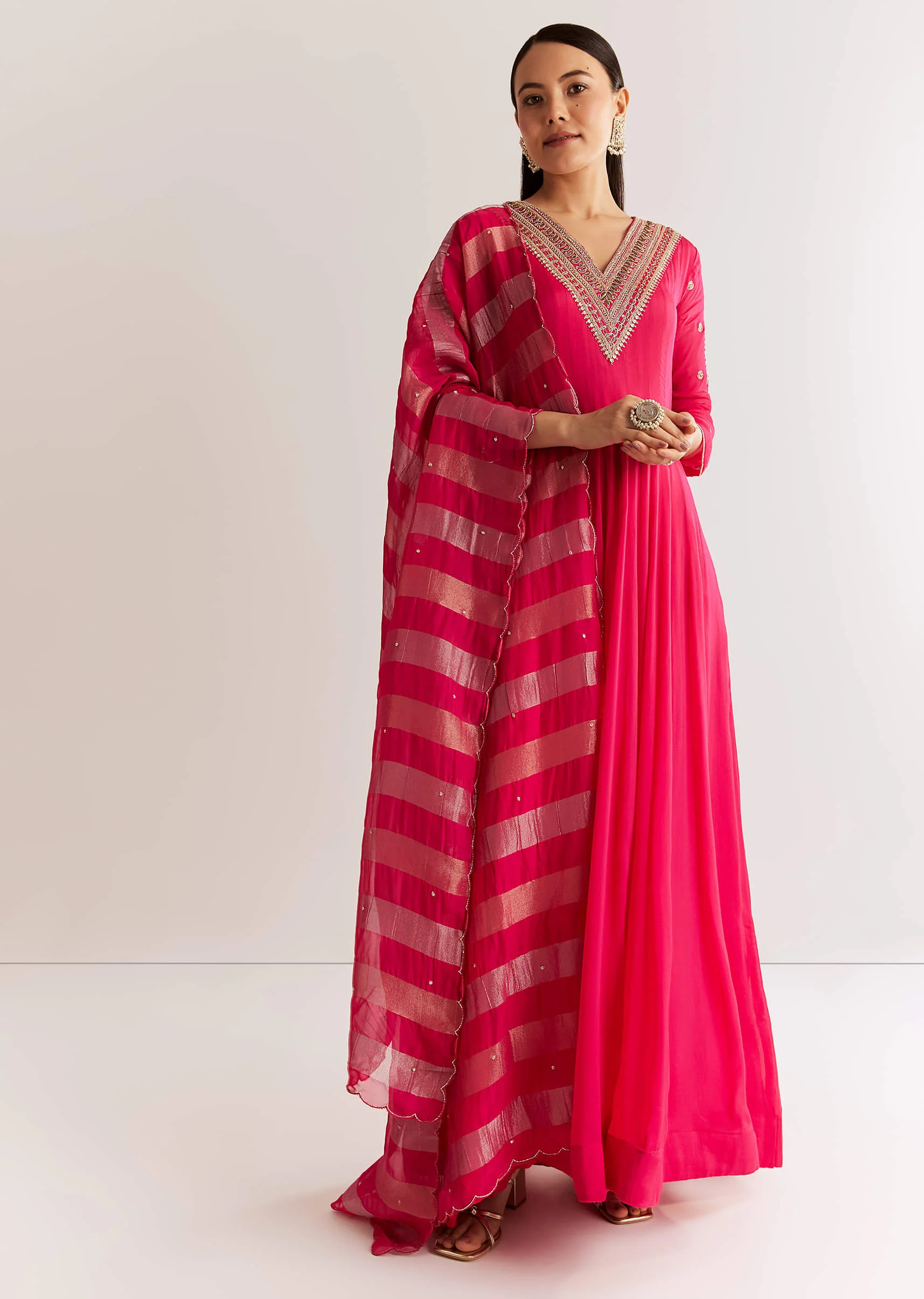 Pink Chinon Anarkali Set With Zardosi Sequins And Cutdana Work - Image 3